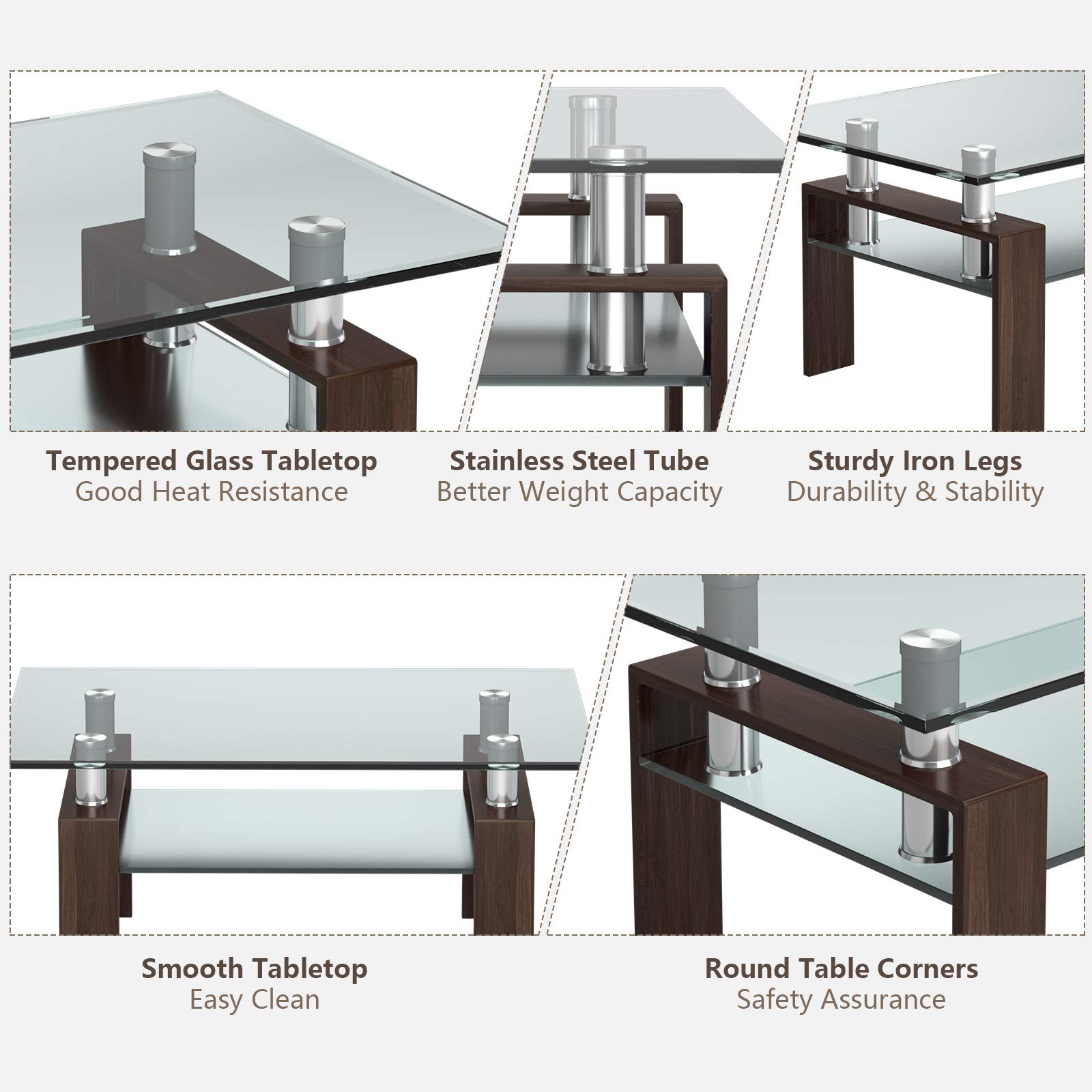 Tangkula Modern Rectangular Glass Coffee Table with Lower Shelf - Tempered Glass Top & Sturdy Metal Legs - Perfect for Living Room, Office, or Lounge (Coffee Table, Side Table)