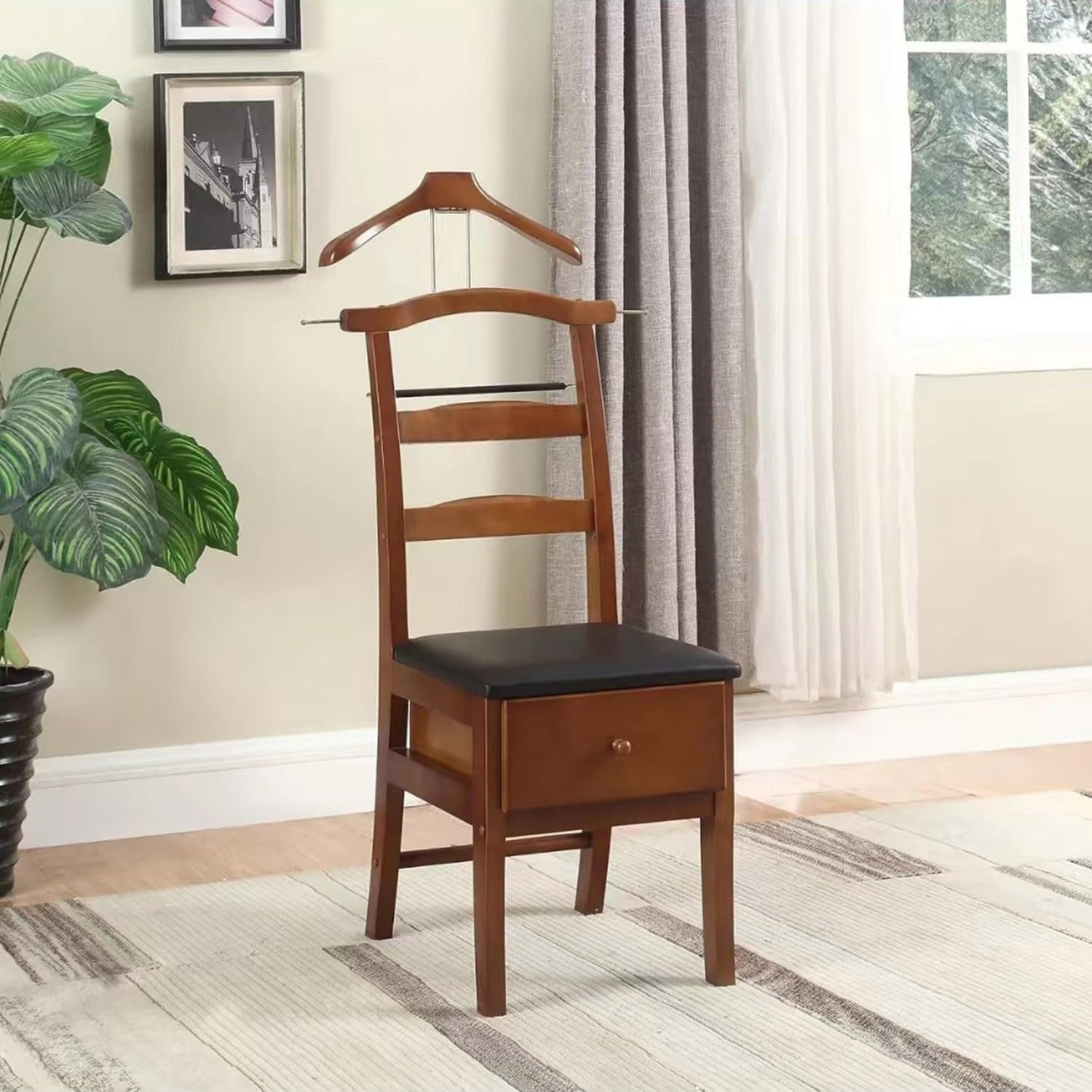 Wooden Chair Valet Stand with Hanger, Drawer & Trouser Bar - Mahogany Office Clothes Organizer 18