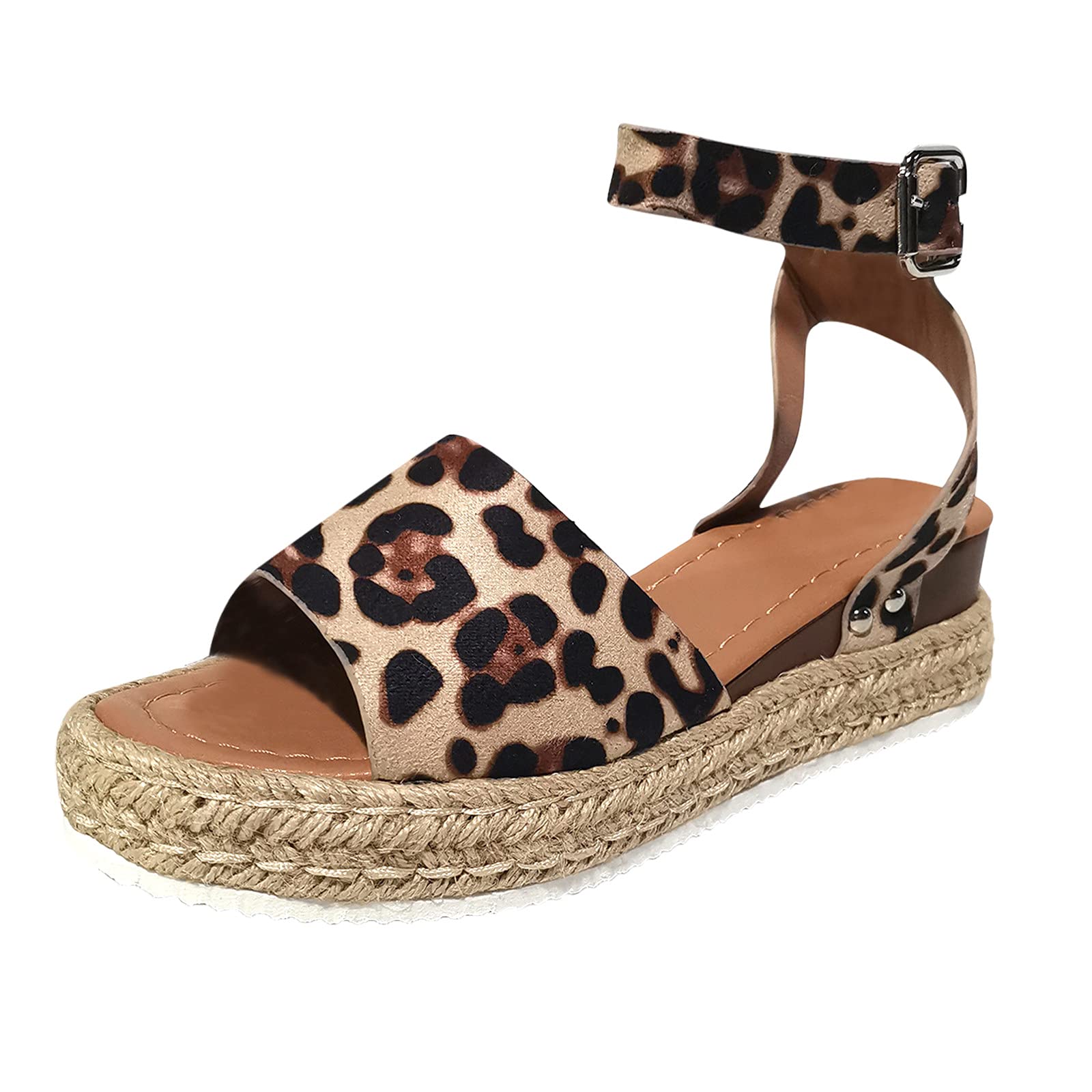 Women's Fashion Thong Sandals with Wedge Heel & Buckle Strap - Leopard Print Retro Design Open Toe Summer Sandals (Brown, Size 8) | Perfect for Beach, Pool, Vacation & Casual Outings