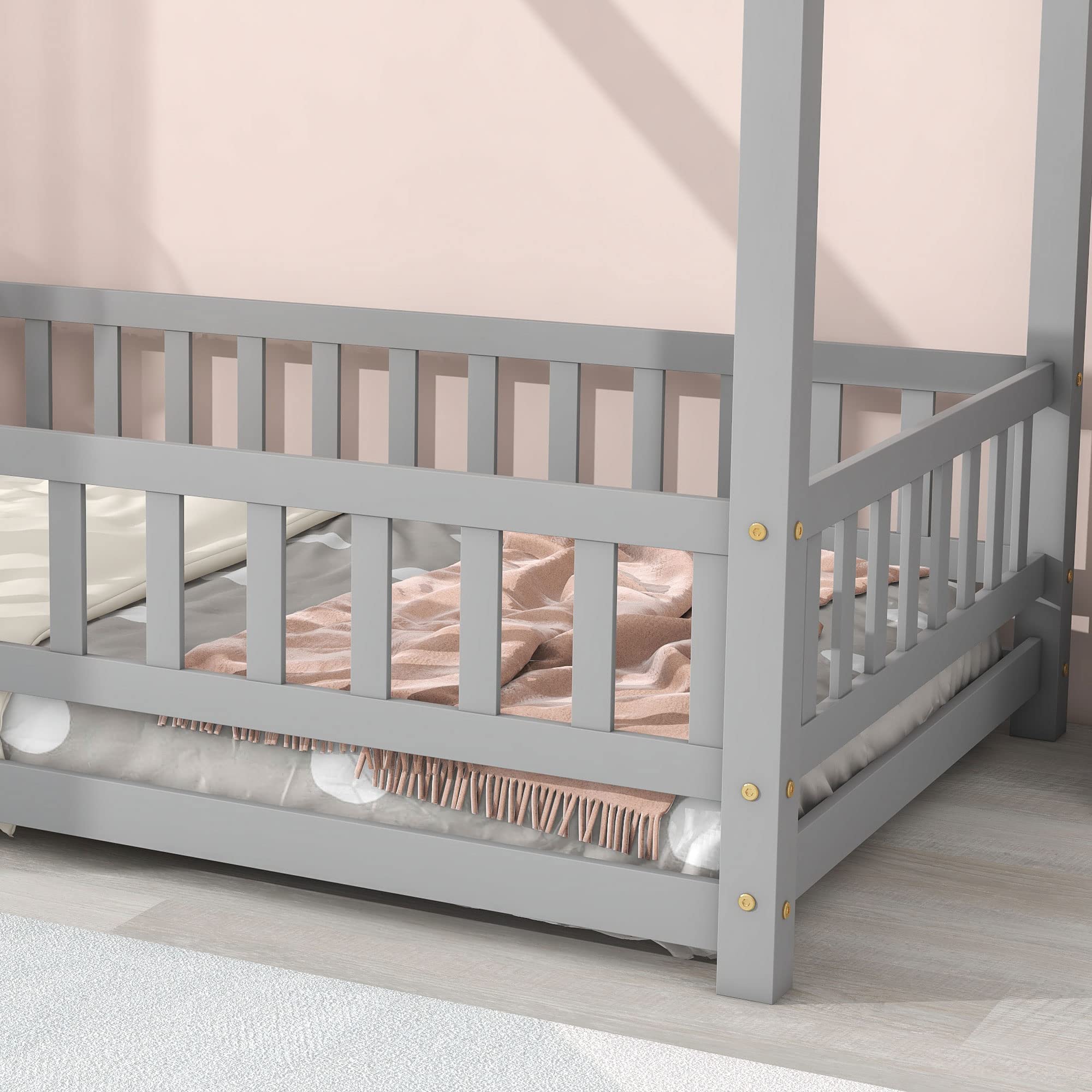 **Wooden Twin House Bed Frame for Kids with Fence & Door - No Box Spring Needed (Gray) - Perfect for Bedrooms, Playrooms & Themed Decor**