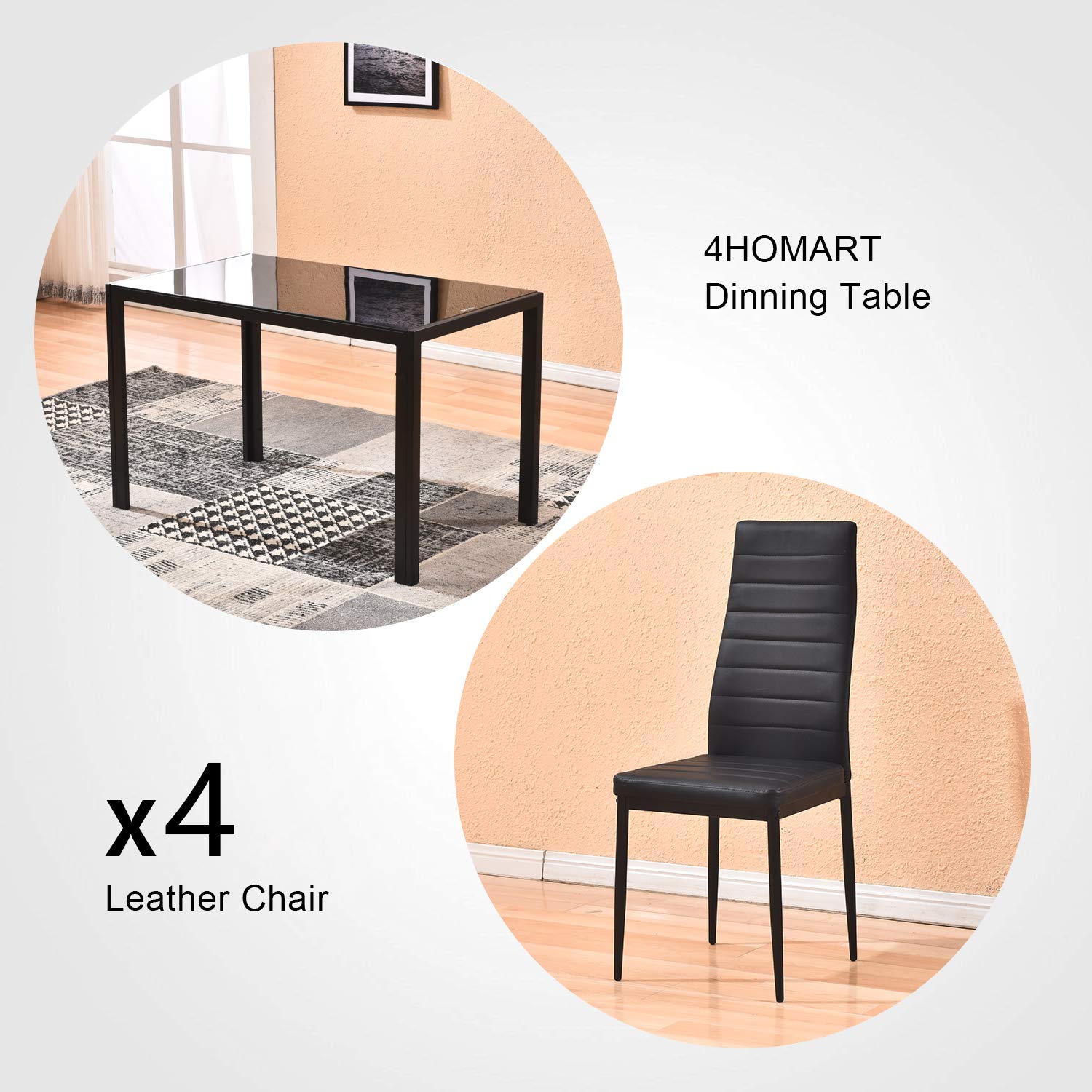 5-Piece Modern Glass Dining Table Set with Tempered Glass Top & PU Leather Chairs - Black Kitchen & Dining Room Furniture for Family Gatherings & Dinner Parties