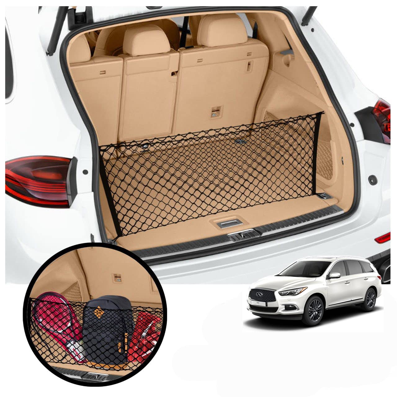 Premium Elastic Trunk Mesh Cargo Net for Infiniti QX60 (L51) Pure Luxe Sensory 2022-2025 - SUV Trunk Organizer & Storage Solution - Durable Luggage Net for Car Organization - Perfect for Road Trips, Grocery Hauling and Everyday Storage