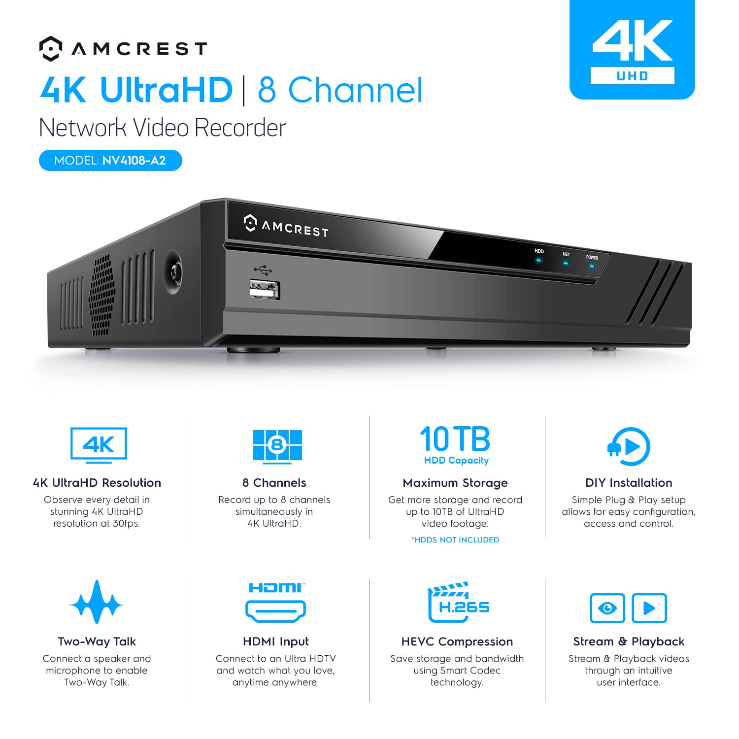 Amcrest NV4108-A2 8-Channel 4K NVR Security System with Pre-Installed 2TB HDD - Supports 8 x 8MP/4K IP Cameras, 1080p/3MP/4MP/5MP/8MP Resolution - Ideal for Home & Business Surveillance (No WiFi)
