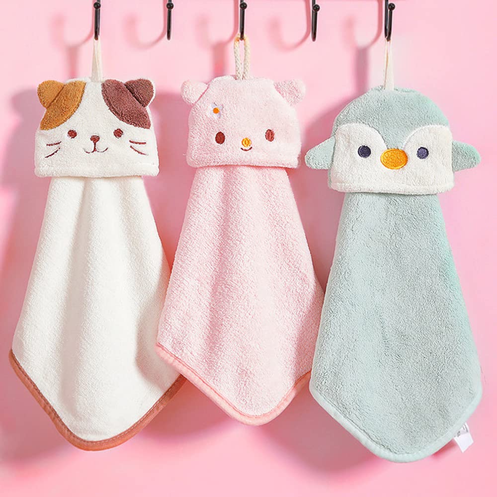 3 Pack Cute Animal Print Hand Towels - Super Soft Microfiber Coral Fleece Bathroom Towels with Hanging Loop - Highly Absorbent for Kitchen, Bathroom & Bedroom - Perfect for Kids, Guests & Home Decor (3pcs)