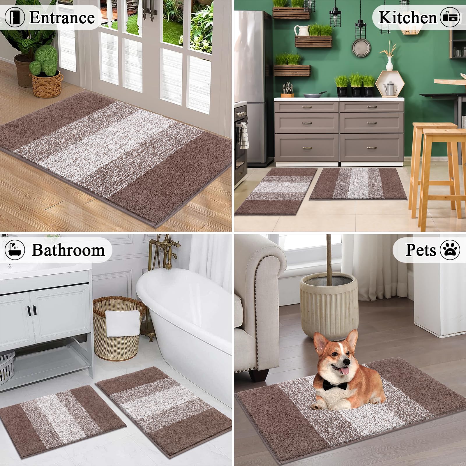 Vaukki Luxury Soft Bathroom Rugs Set of 2 - Non-Slip Washable Plush Microfiber Shaggy Bath Mats, Super Absorbent Striped Bathroom Carpet for Tub & Shower (18x26+20x32 Inch, Coffee Brown) - Perfect for Bathroom Floor, Bathtub Side & Shower Entrance