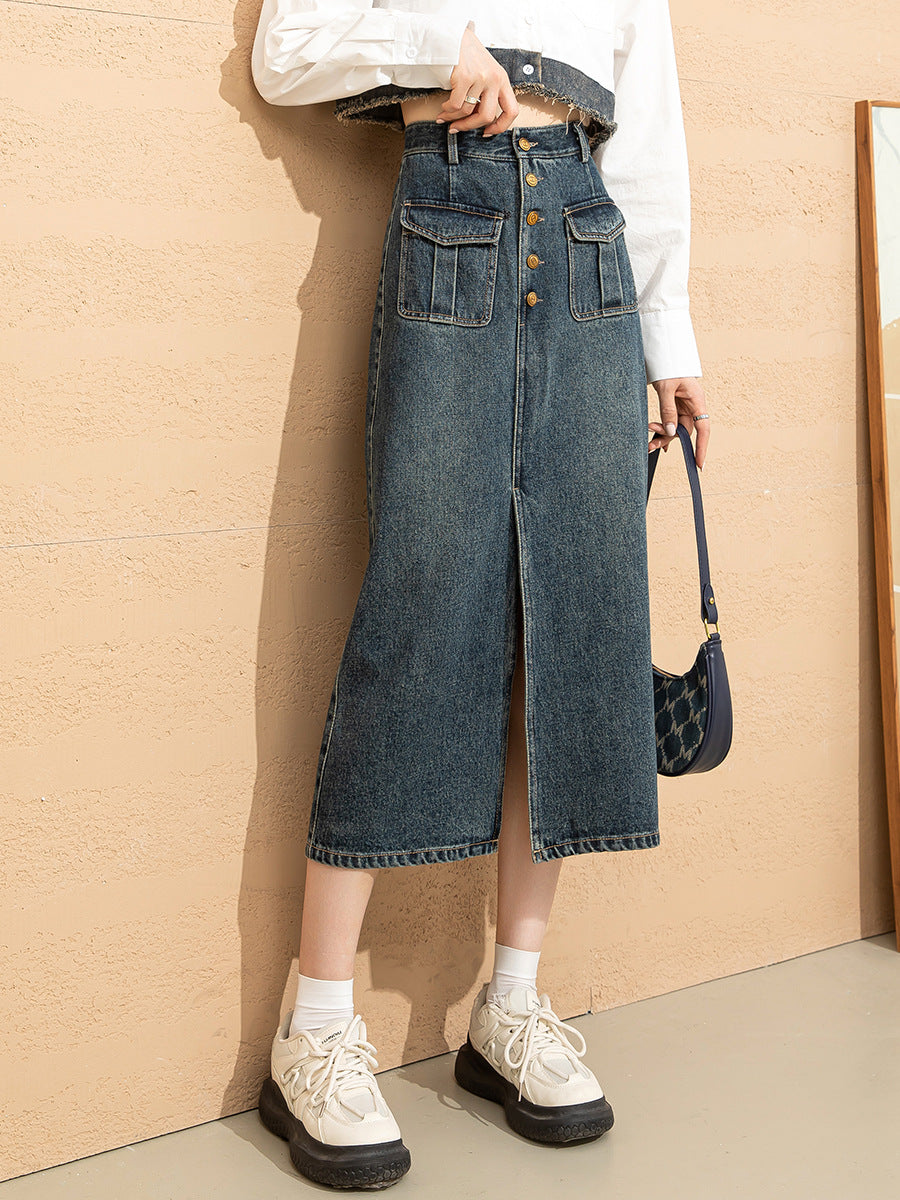 High Waist Denim Skirt for Women - Stretchy Work Skirt with Pockets - Perfect for Office, Casual Wear & Date Nights
