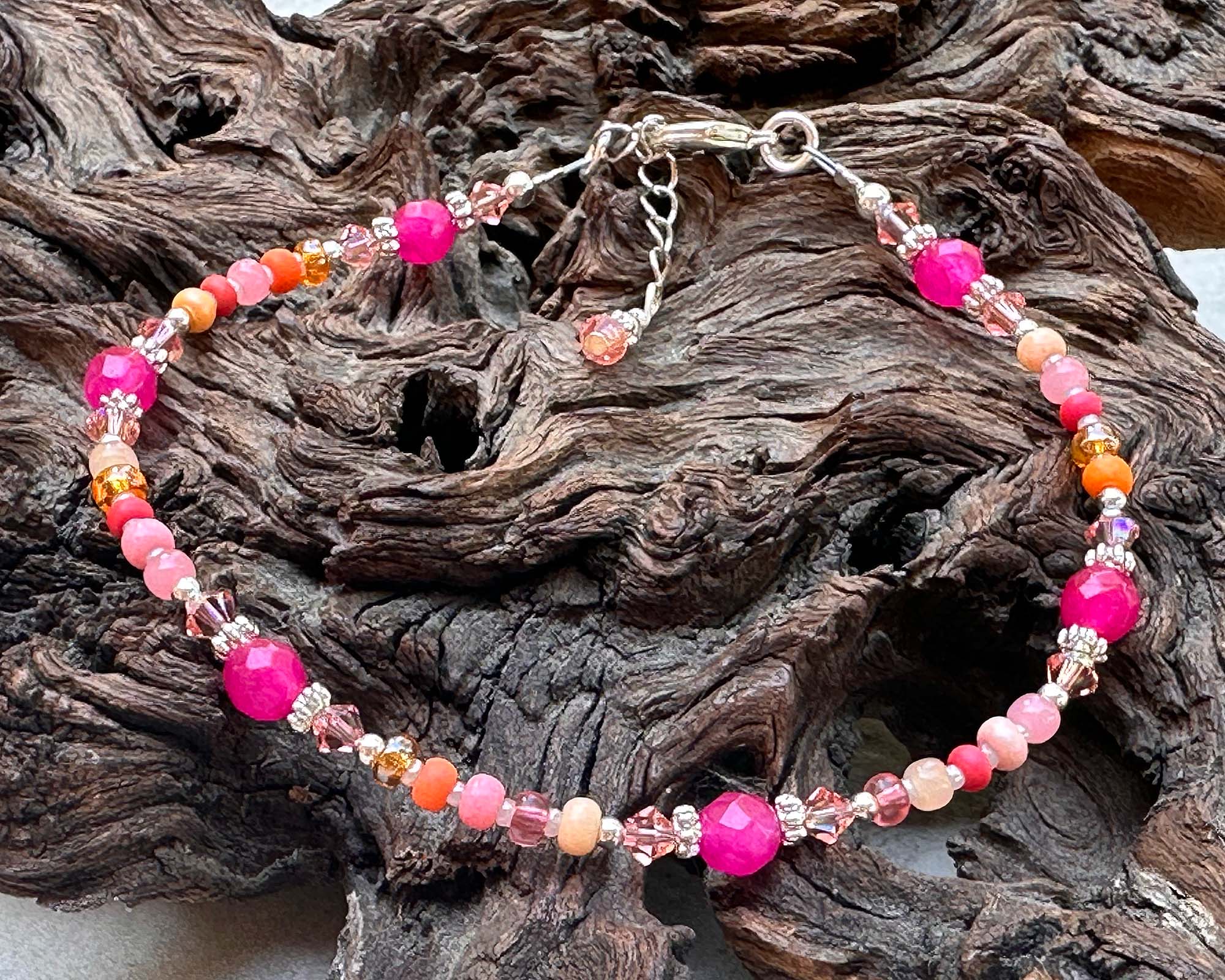 10 Hibiscus Peach Gemstone Beaded Anklet - Handmade Boho Ankle Bracelet for Women, Summer Beach Jewelry Gift for Her, Perfect for Vacations & Music Festivals