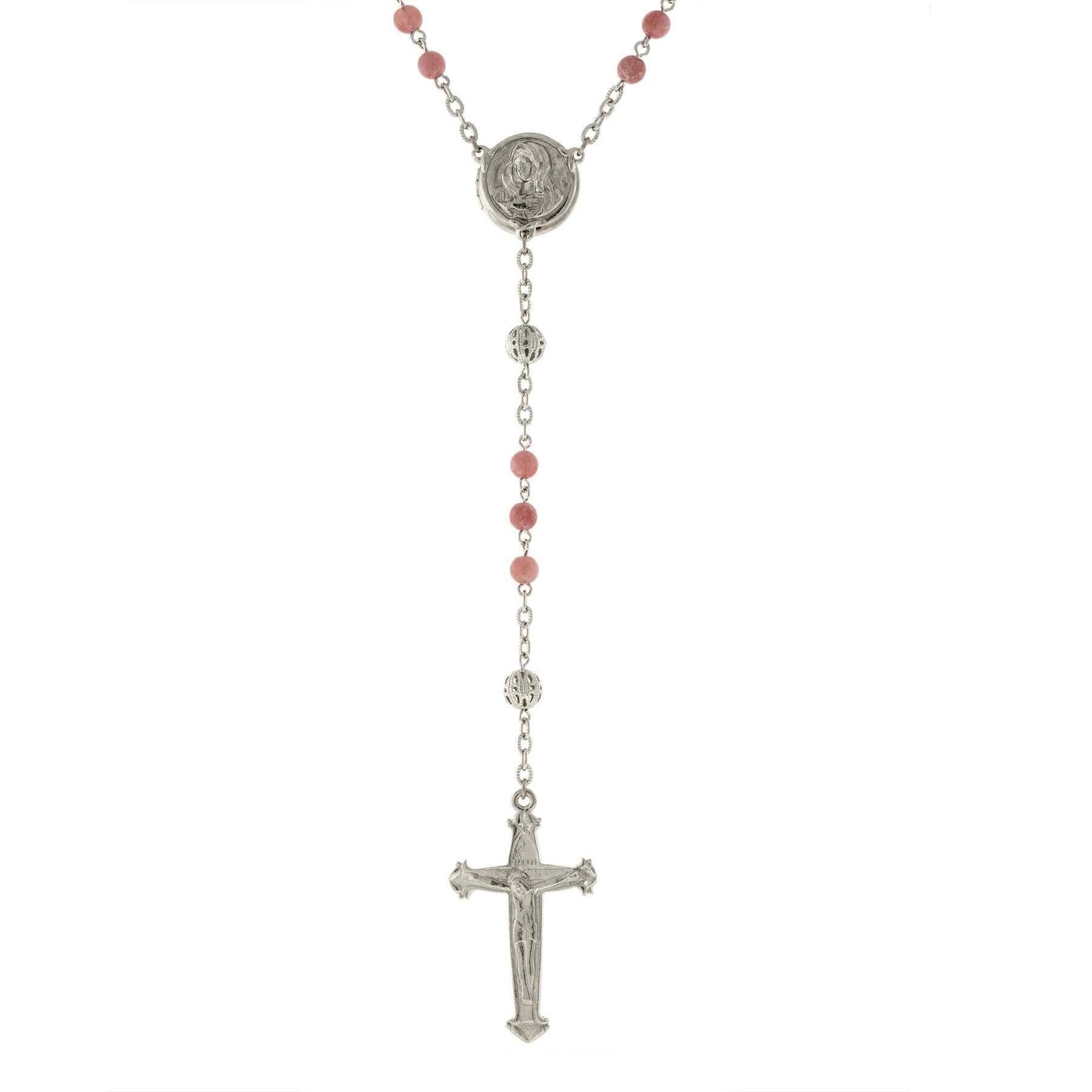 1928 Vintage Beaded Crucifix Necklace with Mary Locket - Catholic Rosary Jewelry for Women - Perfect for Prayer, First Communion & Religious Gifts