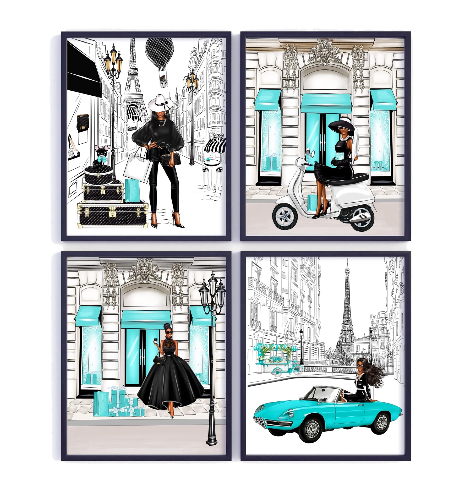 African American Fashion Wall Art - Set of 4 Unframed Prints in Black & Teal for Tween Teen Girl Room Decor | Paris Inspired Bedroom Aesthetic | Perfect for Dorm, Nursery & Gift Giving