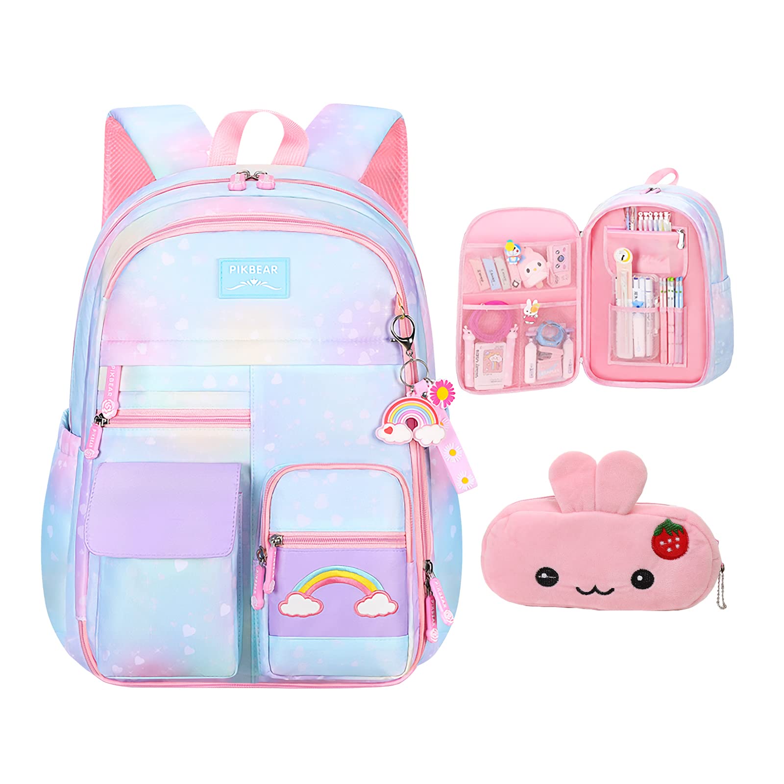 Starry Rainbow Girls Backpack - Large Capacity Cute Bookbag for School, Travel & Laptop (17 Inch Blue) | Fashion Multifunctional Casual Daypack for Teens & Kids