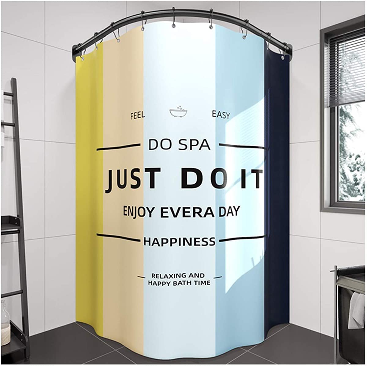 FXBFAG Extendable Curved Shower Curtain Rod - No Drill Bathroom Pole for Bathtub & Cloakroom (150x200cm) with Hooks & Shower Curtain - Perfect for Small Spaces & Rental Homes
