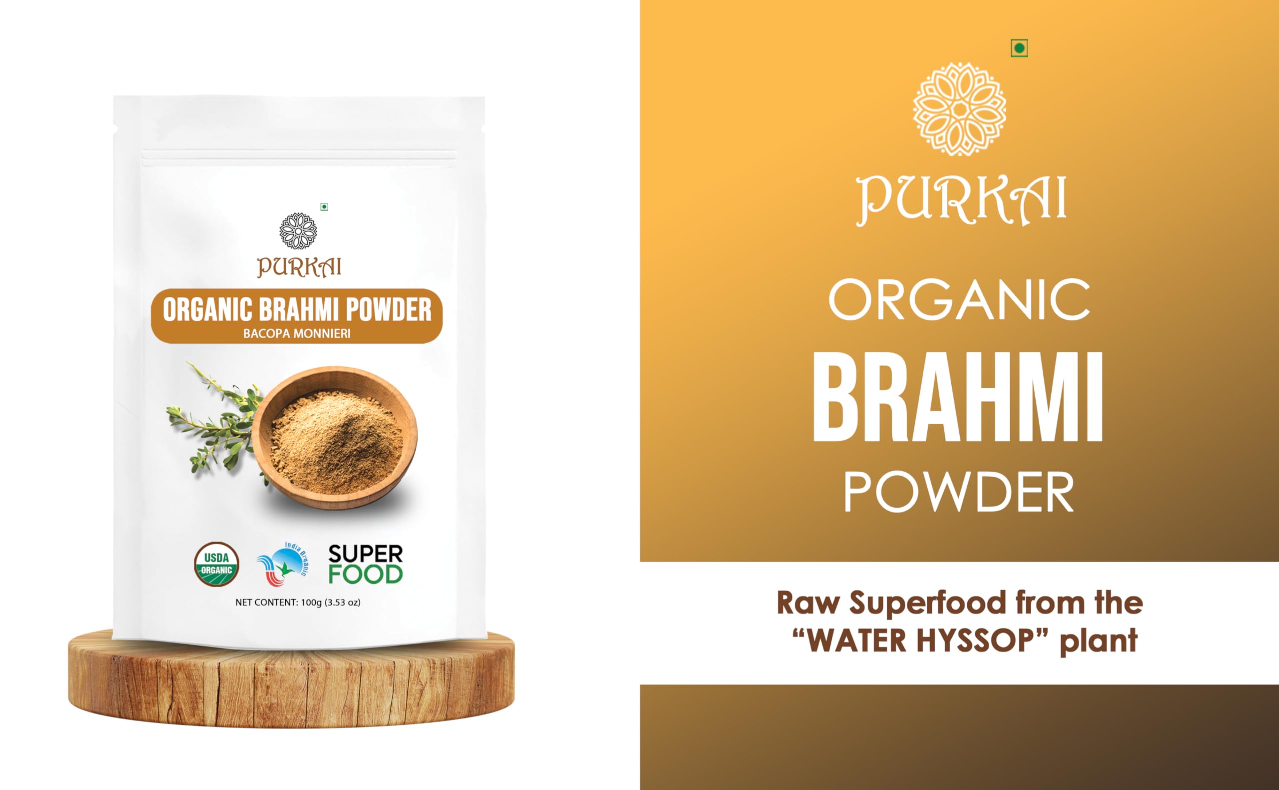 PURKAI - 100% Organic Brahmi Powder (Bacopa Monnieri) | Natural Stress Relief & Anxiety Support | Hair Growth & Scalp Care Supplement | Perfect for Meditation, Study Focus & Ayurvedic Wellness Routines