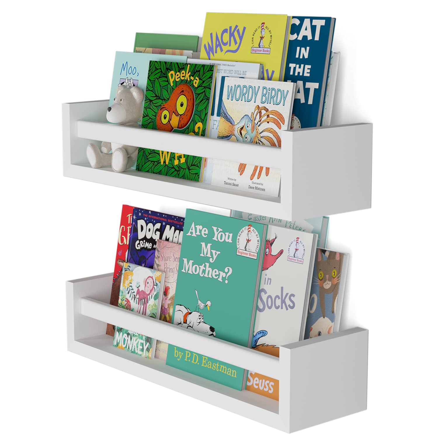 Elba Floating Bookshelves for Kids - Set of 2 White Wall-Mounted Nursery Shelves | Space-Saving Book Storage for Bedroom, Playroom & Classroom Decor