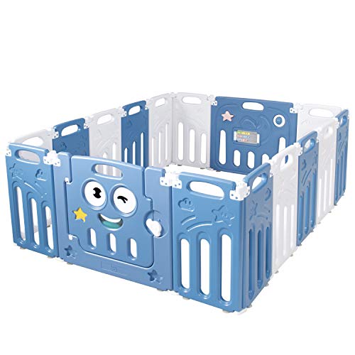 Costzon 16-Panel Foldable Baby Playpen with Locking Door & Anti-Slip Bases - Adjustable Safety Play Yard for Toddlers Indoor & Outdoor - Perfect for Playtime, Nap Time & Childproofing (Blue & White)