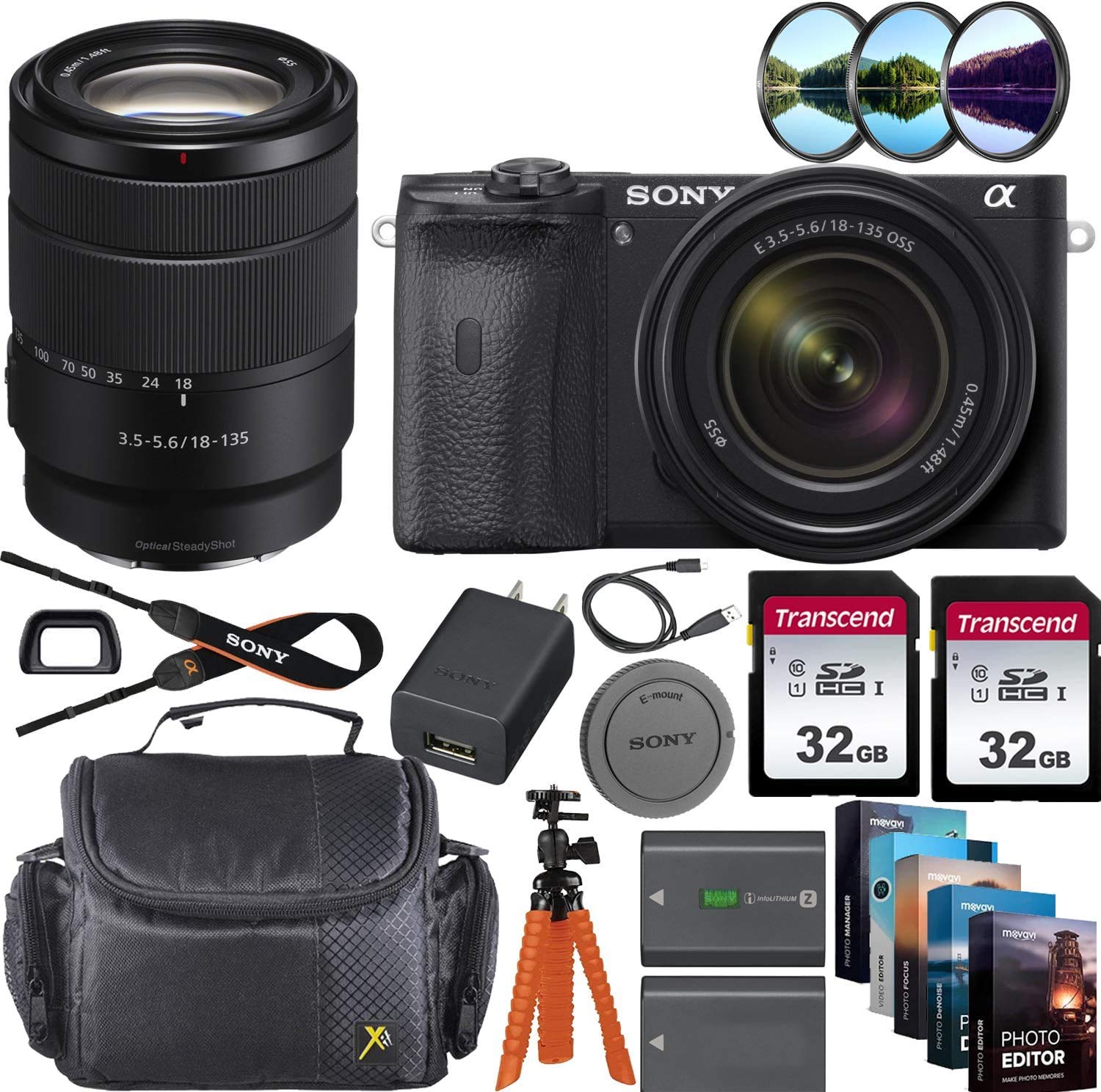 Sony Alpha a6600 Mirrorless Digital Camera 24.2MP 4K Video with 18-135mm Lens Kit - Includes 2x32GB Memory Cards, Durable Carrying Case, Spider Tripod & Software - Perfect for Travel, Vlogging & Professional Photography