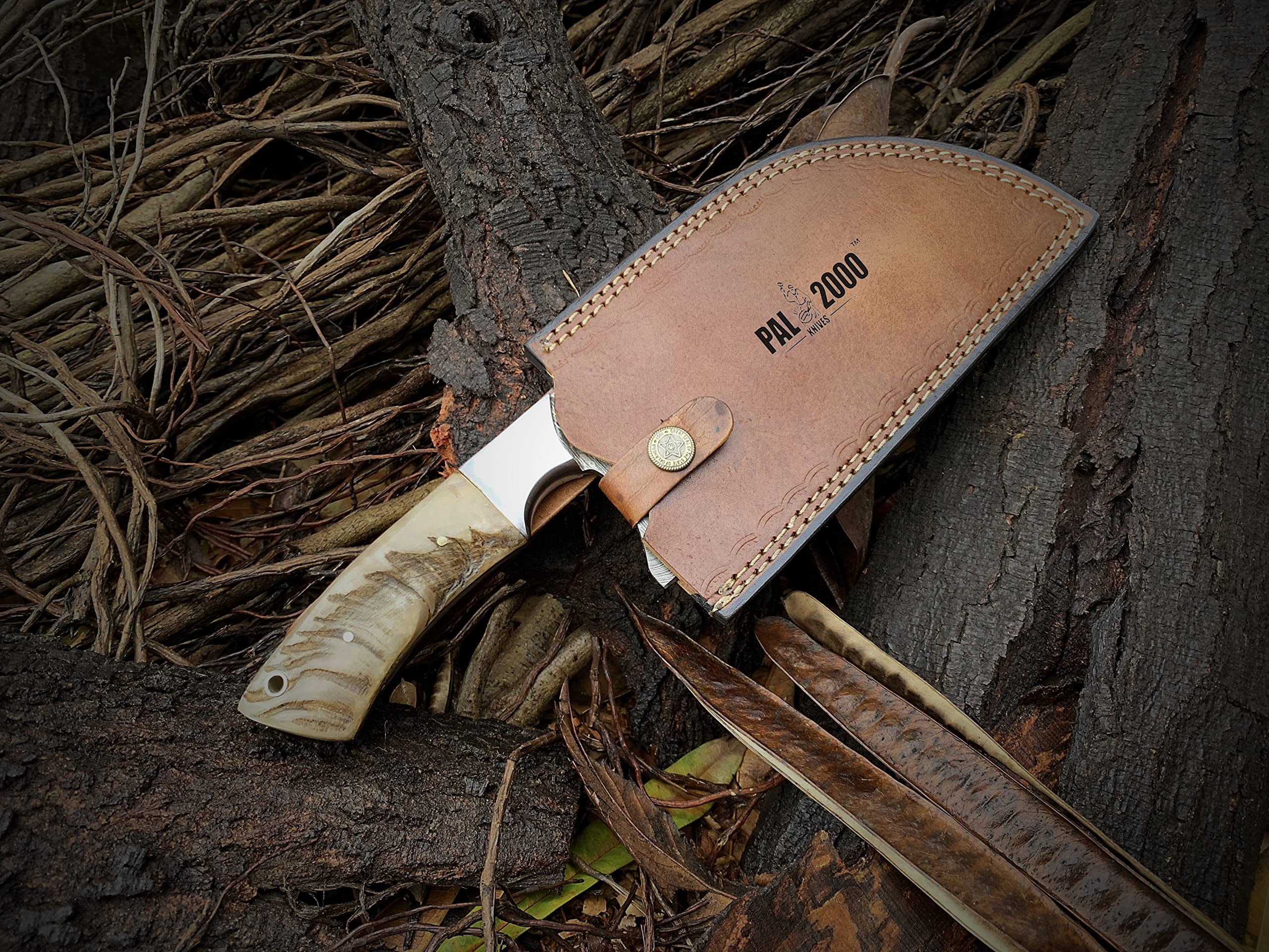 Handmade Damascus Steel Cleaver - Professional Butcher Knife & Serbian Chef Knife with Full Tang & Leather Sheath - Perfect for Meat Cutting, Chopping & Kitchen Prep
