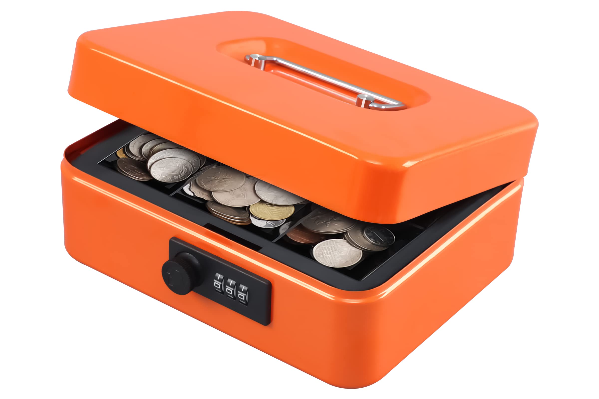 KYODOLED Combination Lock Cash Box - Secure Metal Money Storage Safe with Removable Tray, 7.87x6.30x3.54 Inch Medium Orange - Ideal for Home, Office, Retail & Event Cash Management