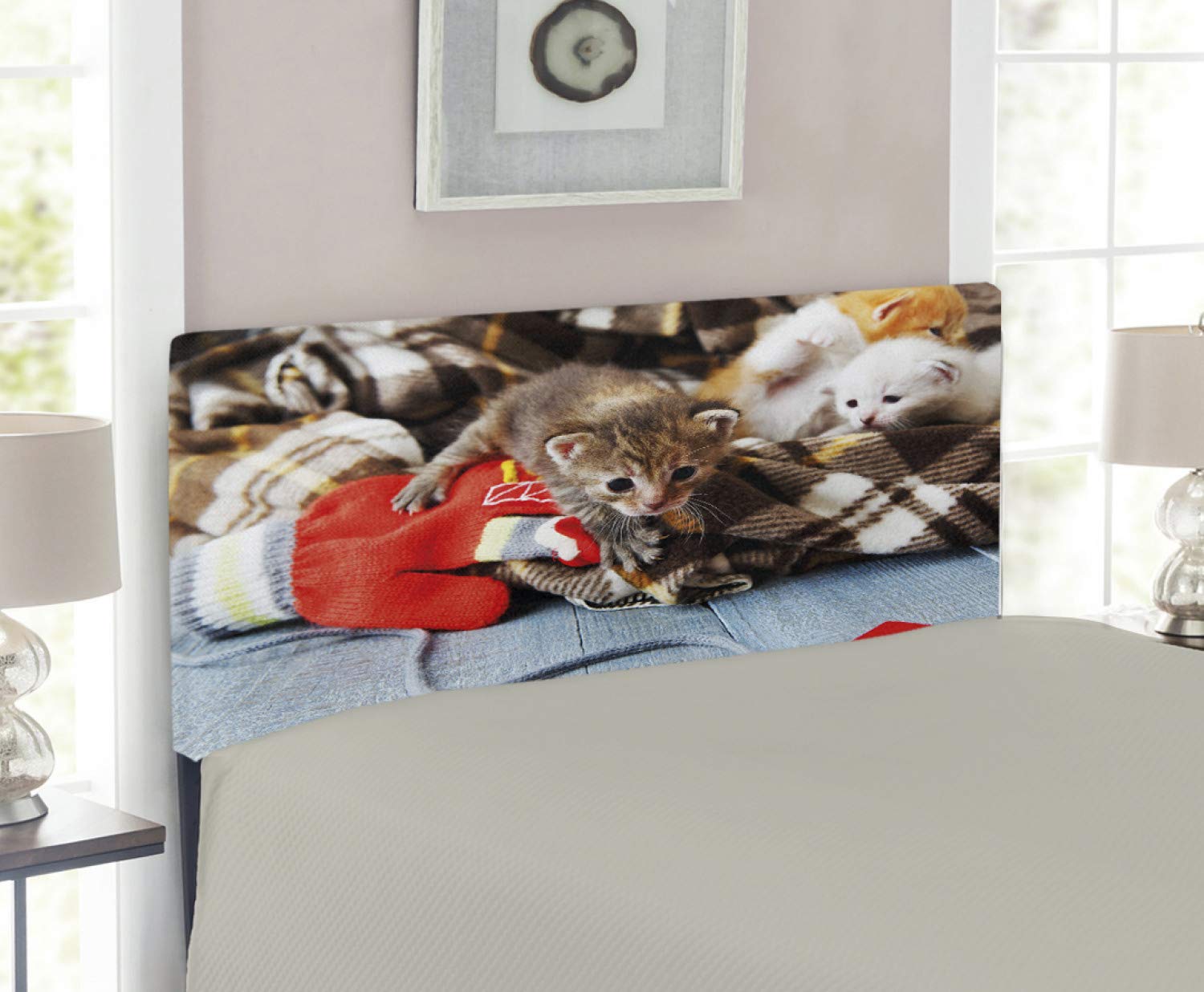 Ambesonne Cat Headboard - Decorative Upholstered Twin Size Bed Frame with Memory Foam, Cute Kittens & Mittens Animal Print Design - Perfect for Kids' Bedroom, Nursery or Pet-Friendly Home Decor