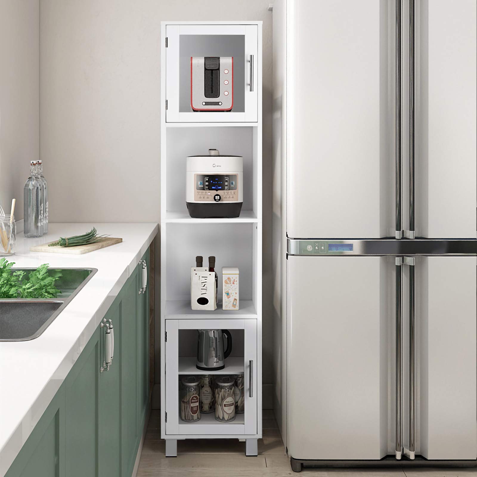 GLACER White Bathroom Storage Cabinet - 71 Inch Tall Kitchen Floor Cabinet with 2 Open Shelves & Tempered Glass Doors - 13x12x71 Inches Organizer for Bath Towels, Toiletries & Cleaning Supplies - Perfect for Small Bathrooms, Laundry Rooms & Kitchen Storage
