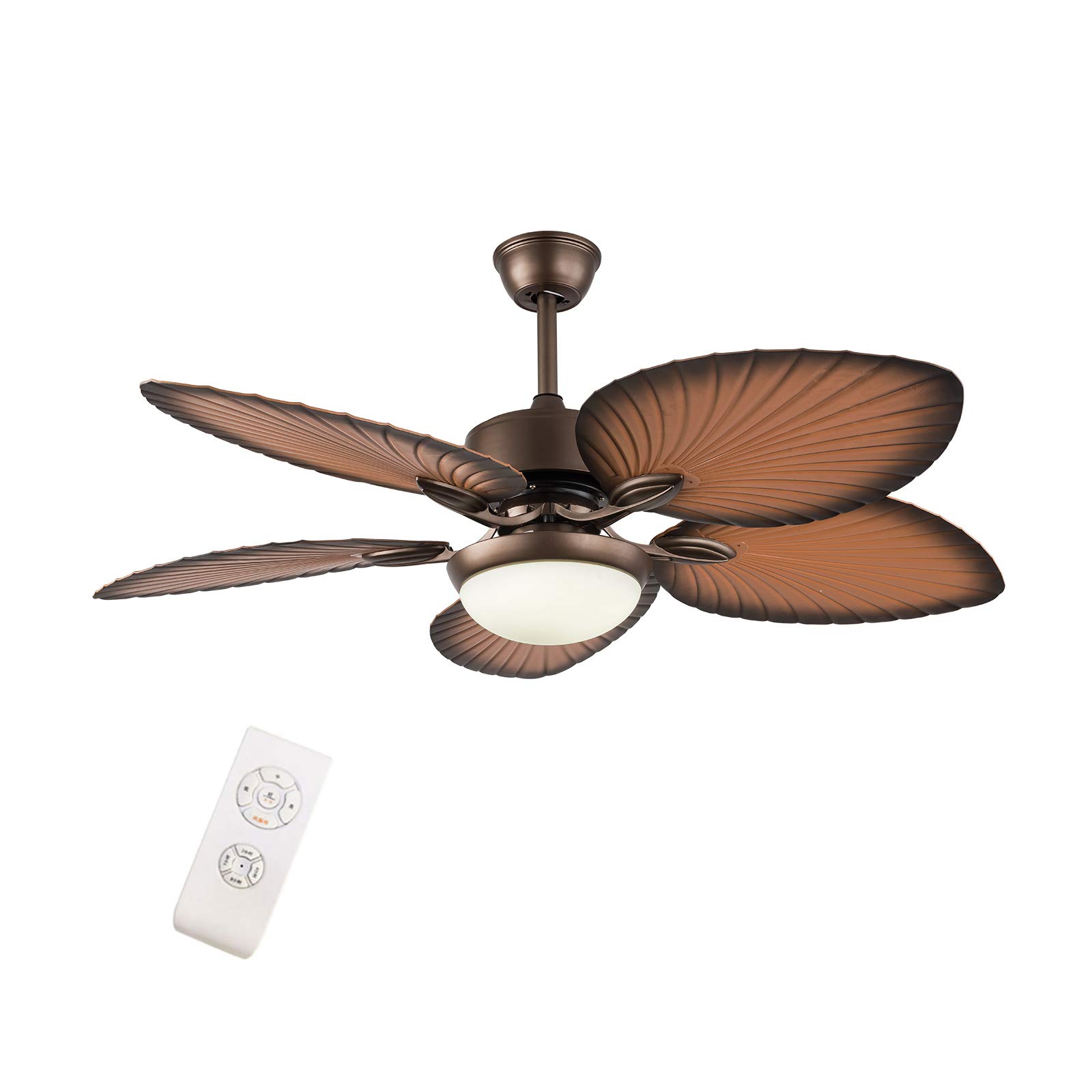 52-inch Tropical Ceiling Fan with LED Light - 5 Palm Leaf Blades, Acrylic Lampshade, 3 Colors & 3 Speeds, Remote Control - Perfect for Dining Room, Bedroom, and Living Room