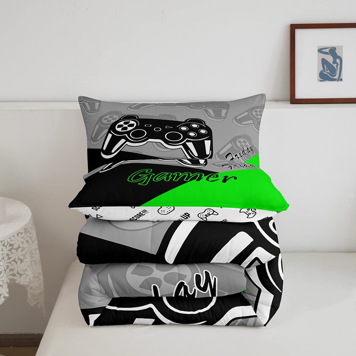 Feelyou Gamer Comforter Set - Full Size Gaming Bedding with Controller Design, 1 Quilted Duvet & 2 Pillowcases - Perfect for Teen Boys Room Decor & Video Game Themed Bedroom - Green