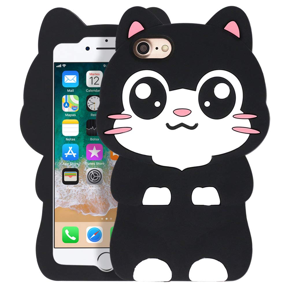 Cute Black Pocket Cat Kitty 3D Cartoon Animal Soft Silicone Shockproof Case for iPhone SE 2022/2020, iPhone 7/8, iPhone 6/6s - Perfect for Daily Use, Work, School & Travel Protection