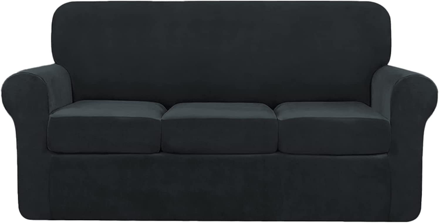 Velvet Stretch Sofa Slipcover with Separate Seat Cushion Covers - Super Soft Non-Slip Couch Cover Furniture Protector with Elastic Bands for 3-Seater Sofa (Black) | Perfect for Living Room, Home Decor & Furniture Protection
