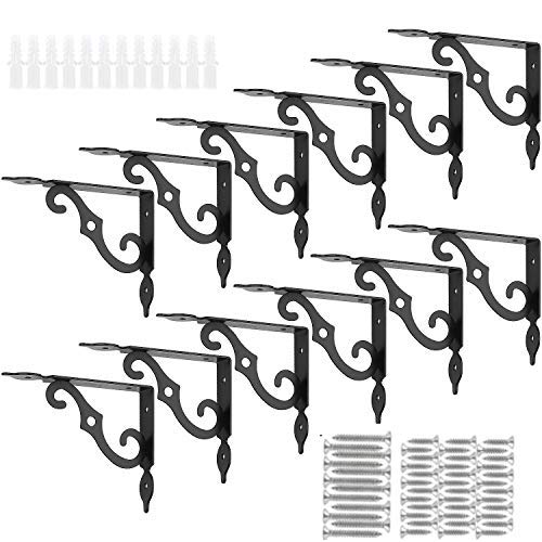 Acrux7 12 Pack Heavy Duty Iron Shelf Brackets - 5.5x4.3 Inch Thick Corner Braces for Wall Shelves, Decorative L-Shaped Supports for Home, Office & School (Black) | Perfect for Organizing Books, Plants & Decor in Living Rooms, Bedrooms & Workspaces