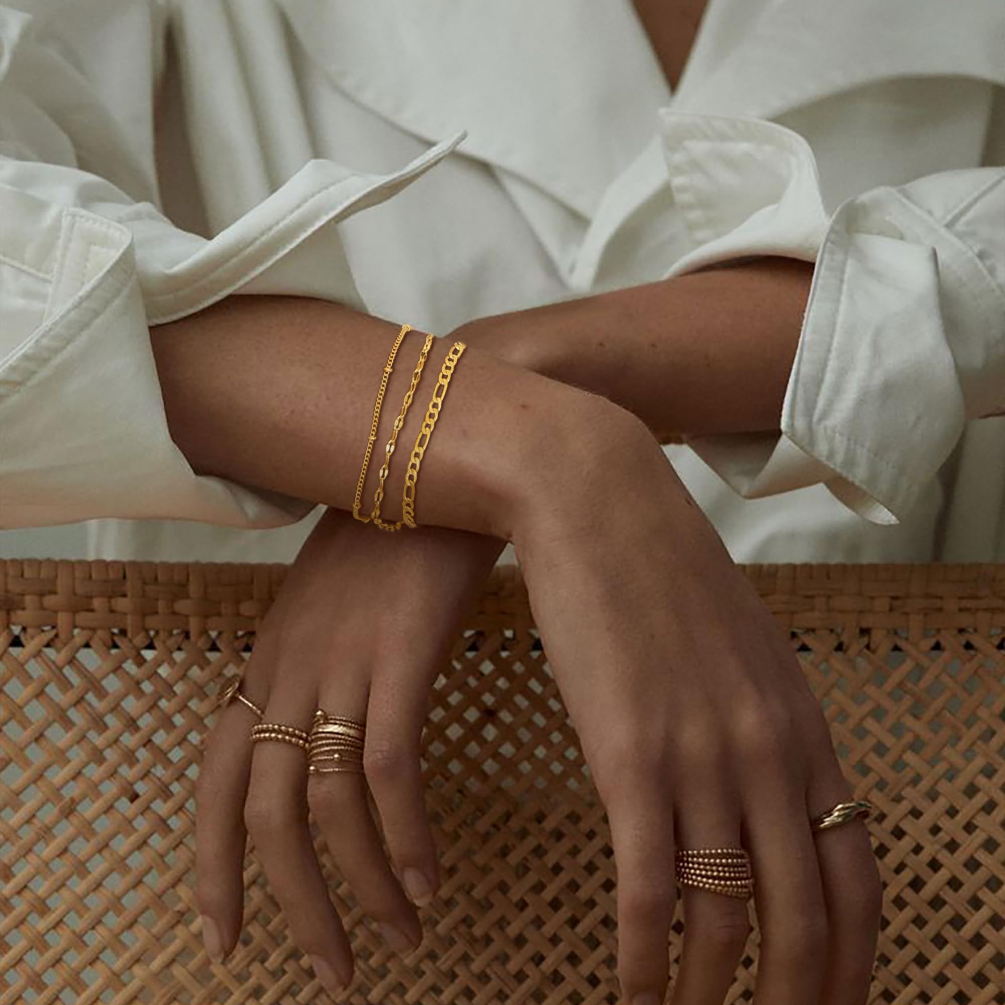 14K Gold Plated Women's Bracelet Set - Trendy Dainty Tennis Beaded Paperclip Link Cuban Chain Stackable Bracelets for Women | Elegant Jewelry Gift for Her | Perfect for Daily Wear, Office, Parties & Special Occasions