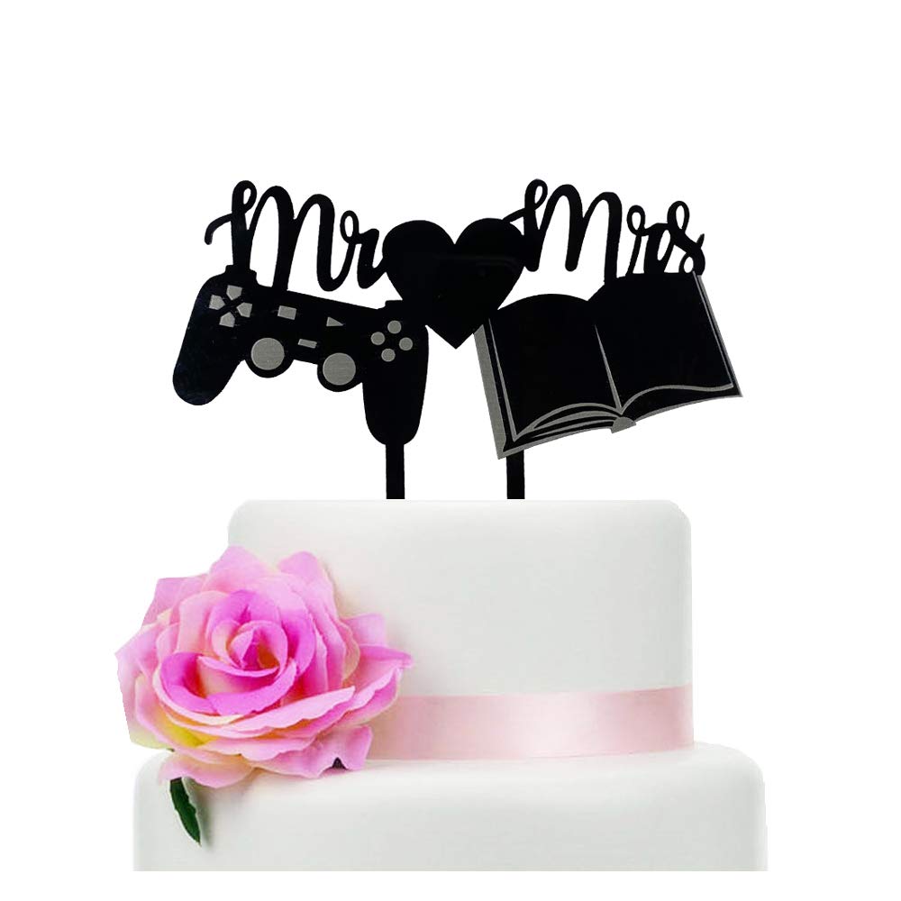 Romantic & Funny Mr & Mrs Wedding Cake Topper with Game Controller & Book - Perfect for Gamer Couples & Book Lovers - Ideal for Wedding Cakes, Anniversary Celebrations & Bridal Showers