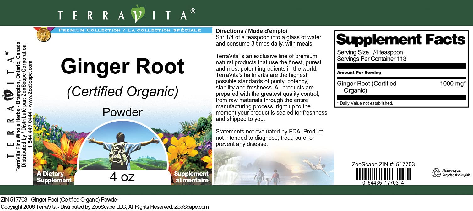 Organic Ginger Root Powder - USDA Certified, 4 oz (113g) - Pure & Natural for Cooking, Tea, Smoothies & Wellness - ZIN: 517703