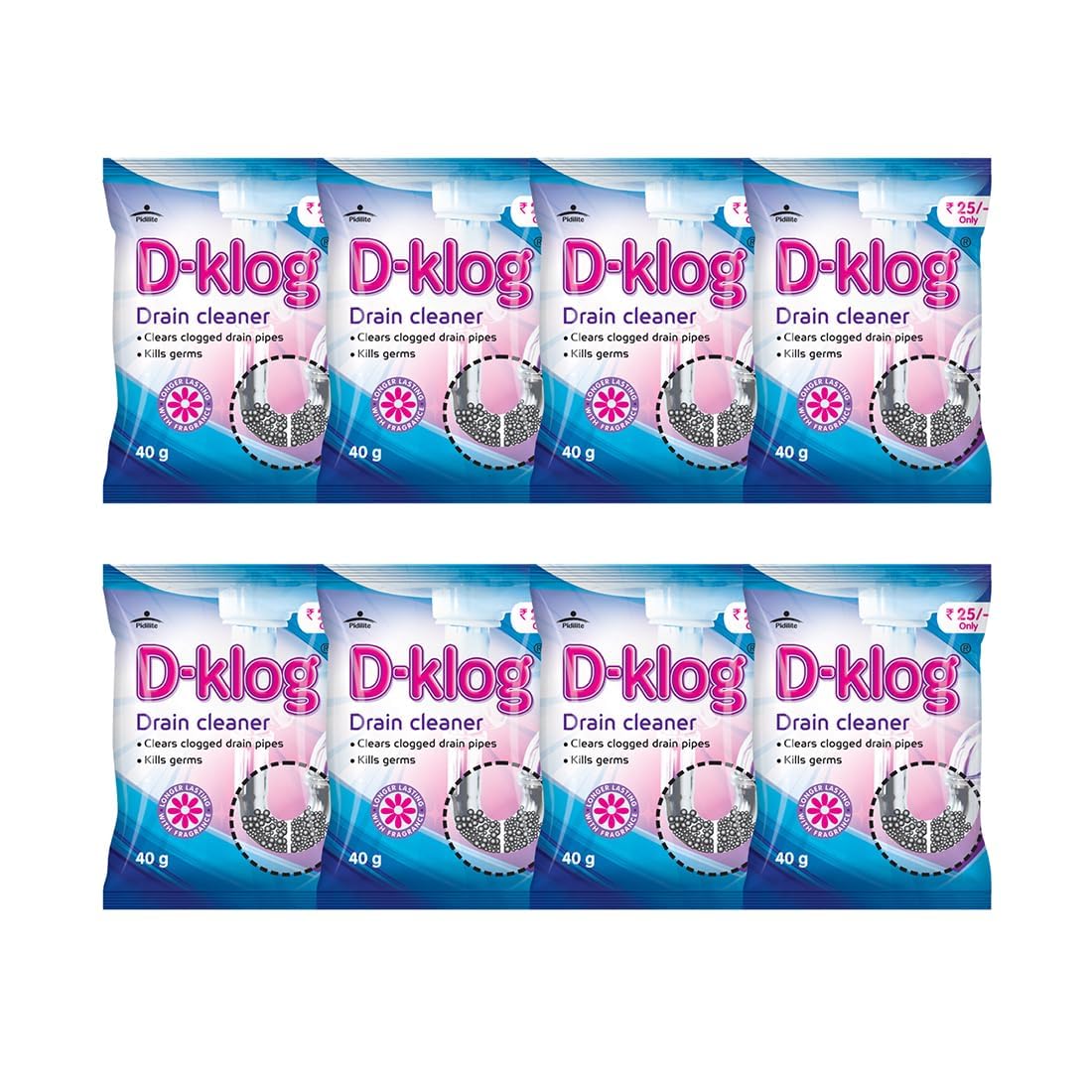 D-Klog Drain Cleaner Powder (40g x 8 Pack) - Fast Acting Clog Remover for Sinks, Toilets, Pipes & Septic Tanks - Works in 30 Minutes | No Manual Hassle | Ideal for Kitchen, Bathroom & Household Drain Maintenance