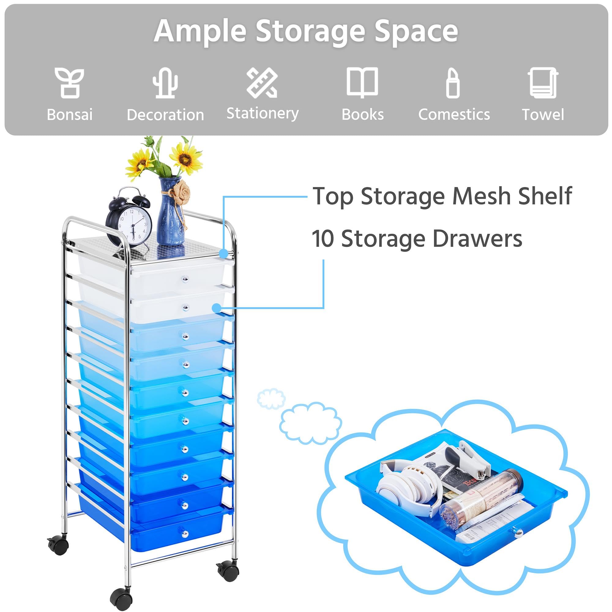 Topeakmart 10-Drawer Rolling Storage Cart - Plastic Utility Organizer with Wheels, Blue Gradient - Perfect for Home, Office, Garage & Craft Room Organization