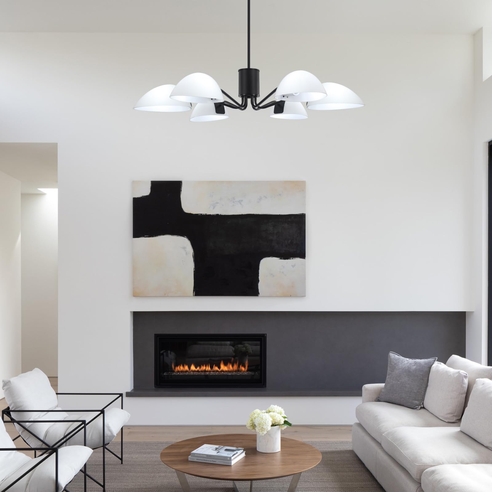 Modern Black Chandelier Ceiling Light with Milk Glass Shades - 34.64 Inch Industrial 6-Light Pendant Fixture for Dining Room, Kitchen, Hallway, Foyer & Entryway | Elegant Lighting for Home Decor, Restaurants and Office Spaces