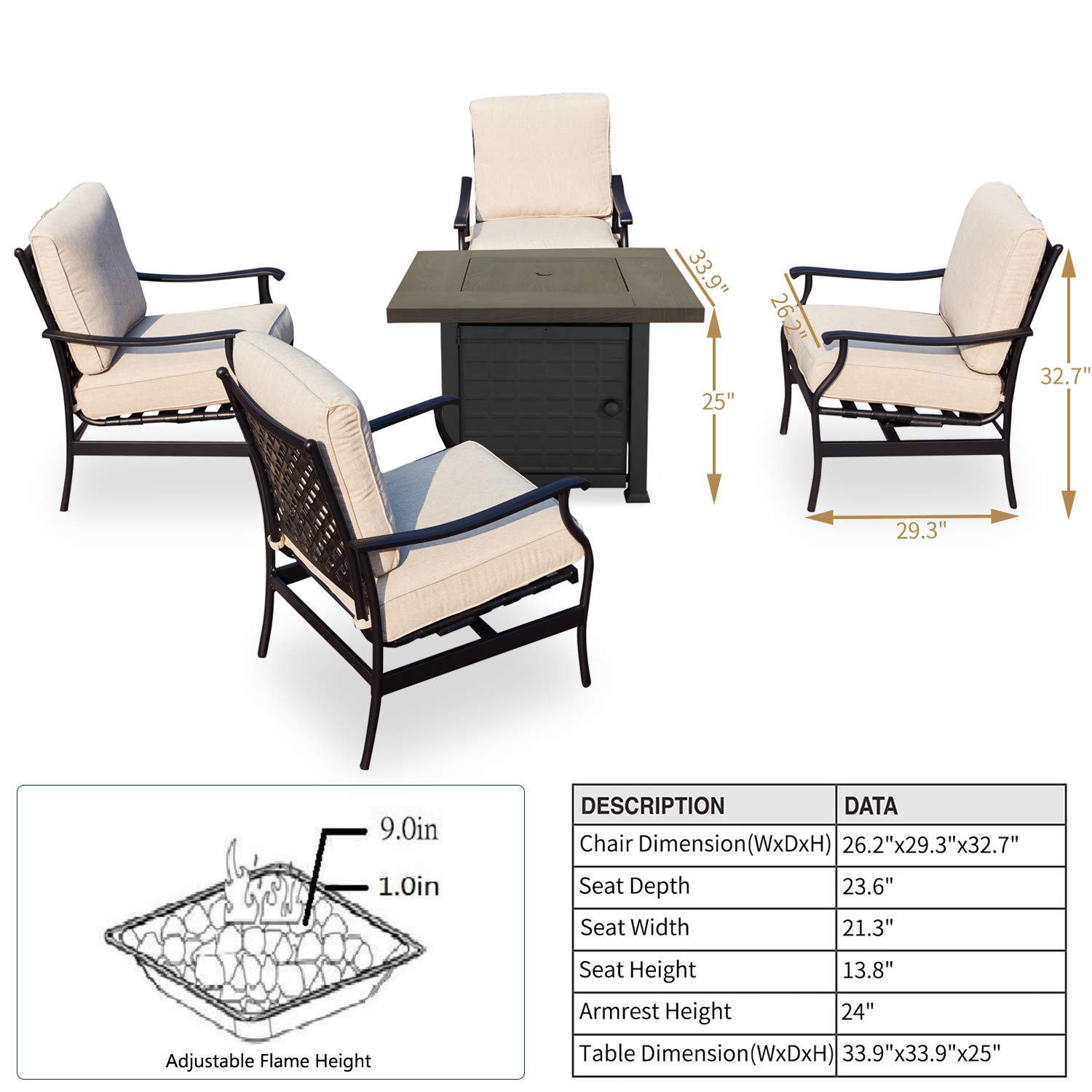 PatioFestival 5-Piece Outdoor Conversation Set with 50,000 BTU Propane Fire Pit Table & Rocking Chairs - CSA Certified Beige Patio Furniture for Backyard, Garden, Poolside Relaxation & Entertaining