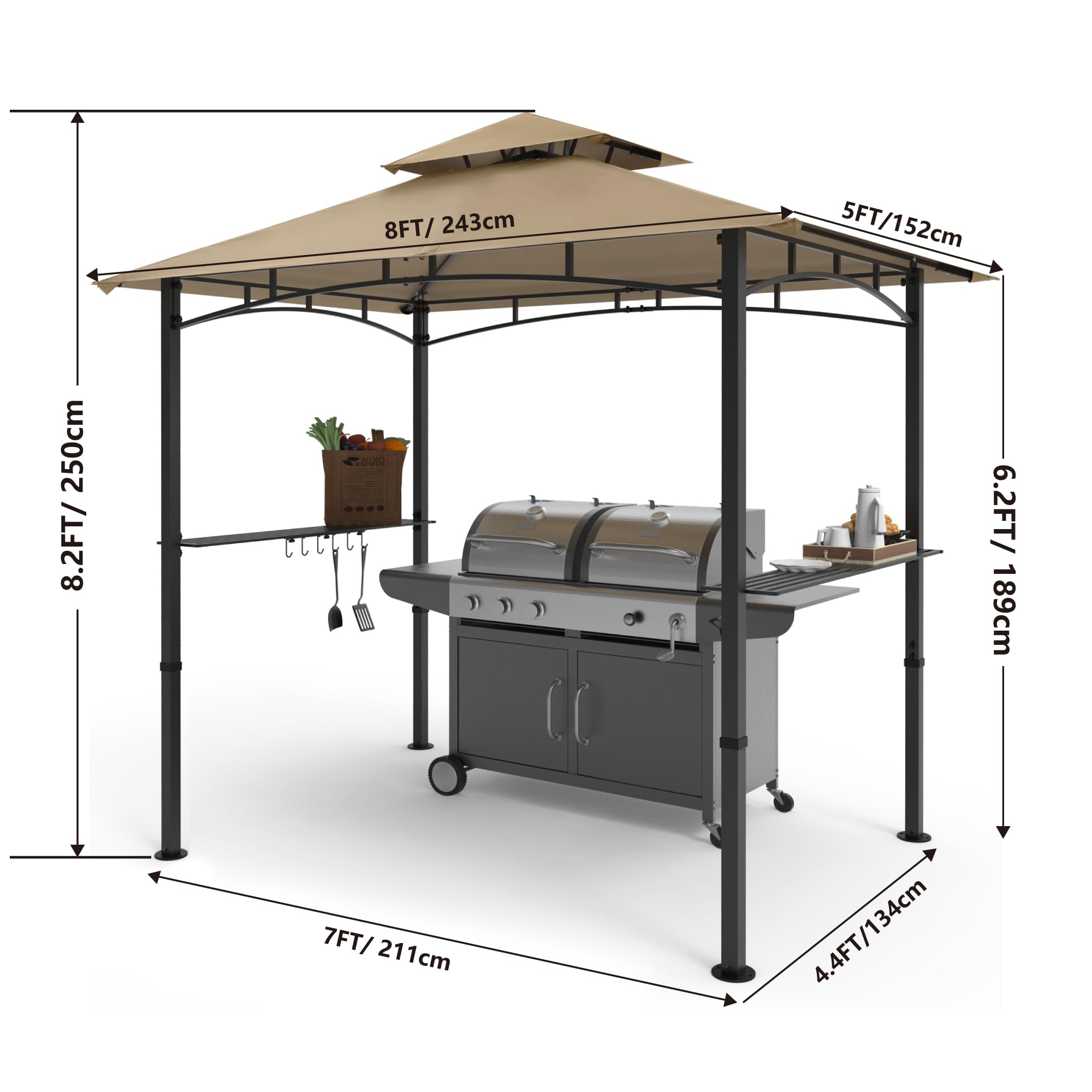 COOSHADE 8'x5' Outdoor BBQ Grill Gazebo with LED Lights - Double Tiered Canopy for Patio, Backyard & Camping (Khaki) | Perfect for Summer Cookouts, Garden Parties & Outdoor Dining