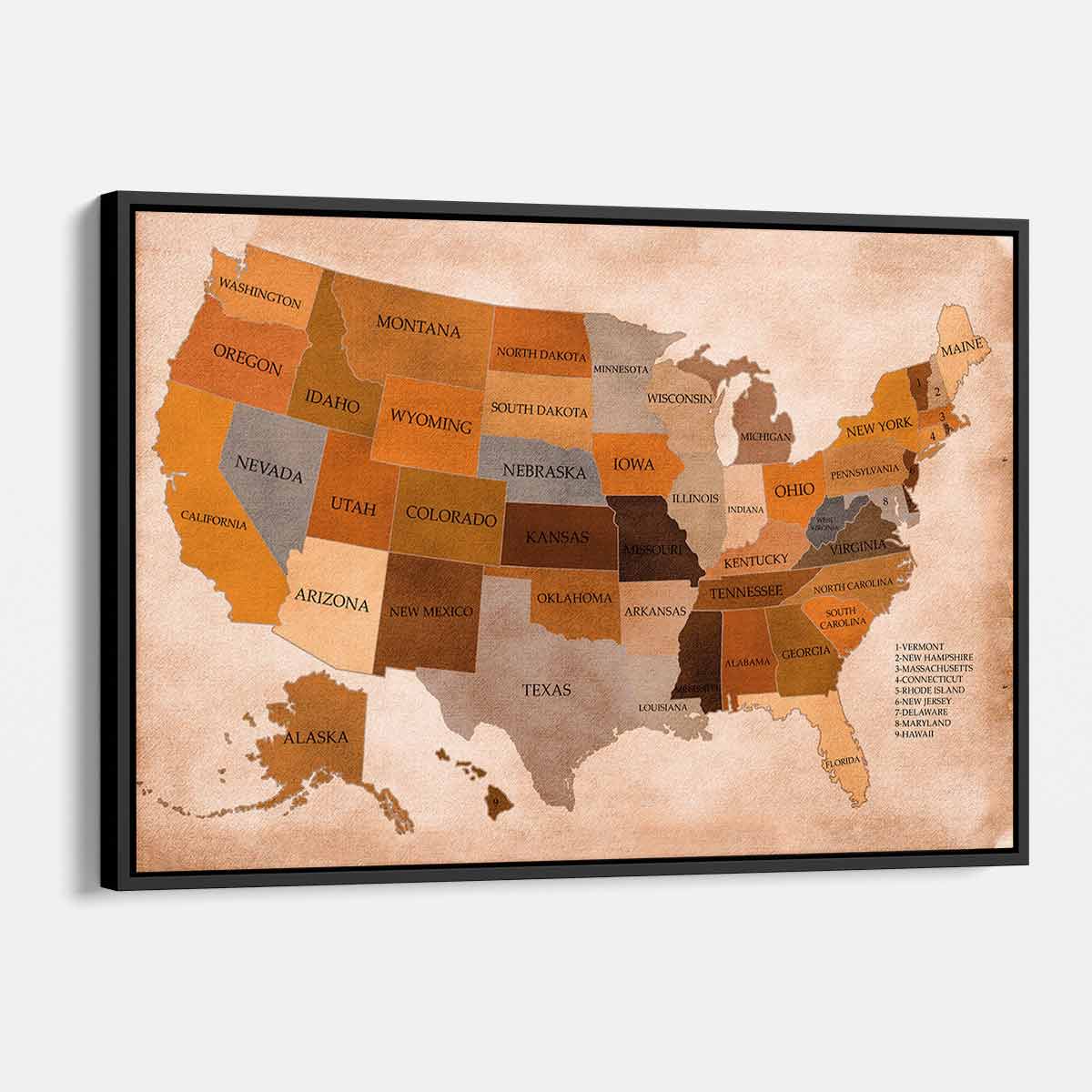 Brown US States Wall Art Canvas 2819 - Vintage American Map Decor for Home & Office - Perfect for Living Room, Bedroom or Office Decor
