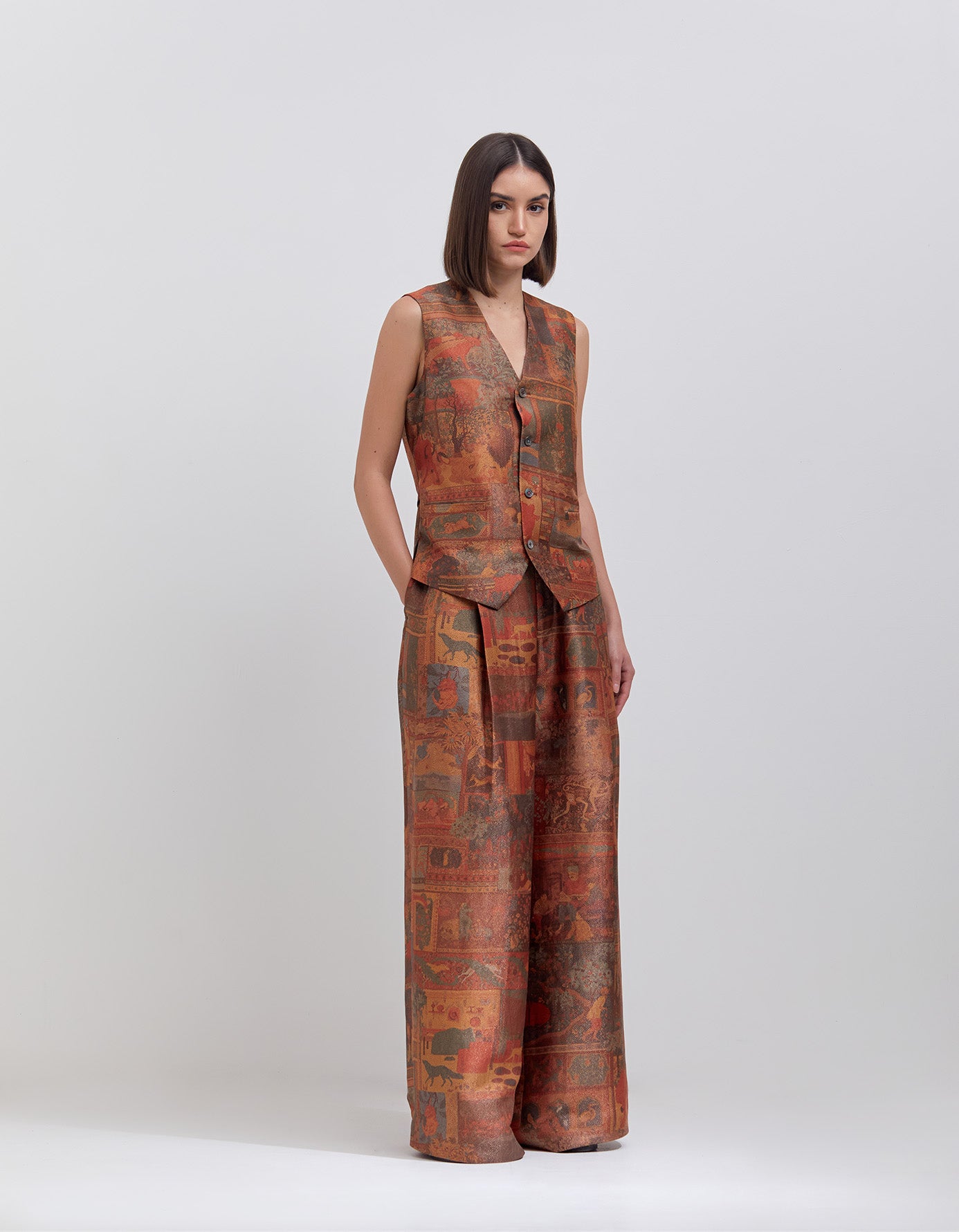 Terracotta Silk Brocade Vest with Zig Zag Pattern - Elegant Women's Fashion Top for Parties, Weddings & Special Occasions