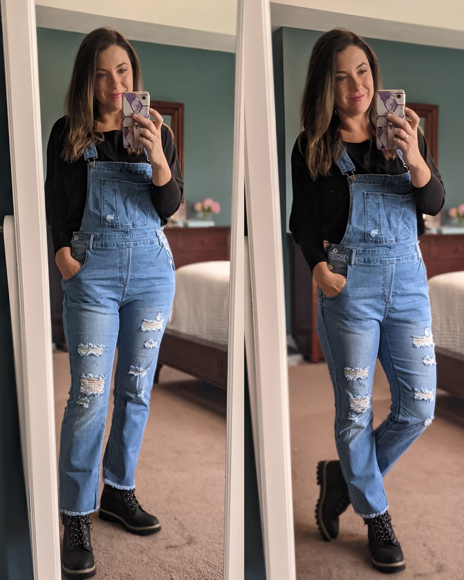 Luvamia Women's Casual Stretch Adjustable Denim Bib Overalls - High Waist Comfort Jeans Pants Jumpsuit for Work, Outdoor & Daily Wear