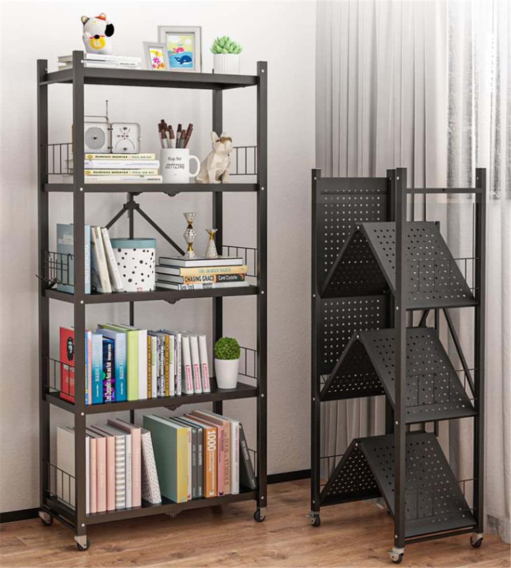 4-Tier Heavy Duty Metal Storage Shelf with Wheels - Foldable Freestanding Shelving Unit for Kitchen, Pantry, Closet, Garage & Office - Black (28