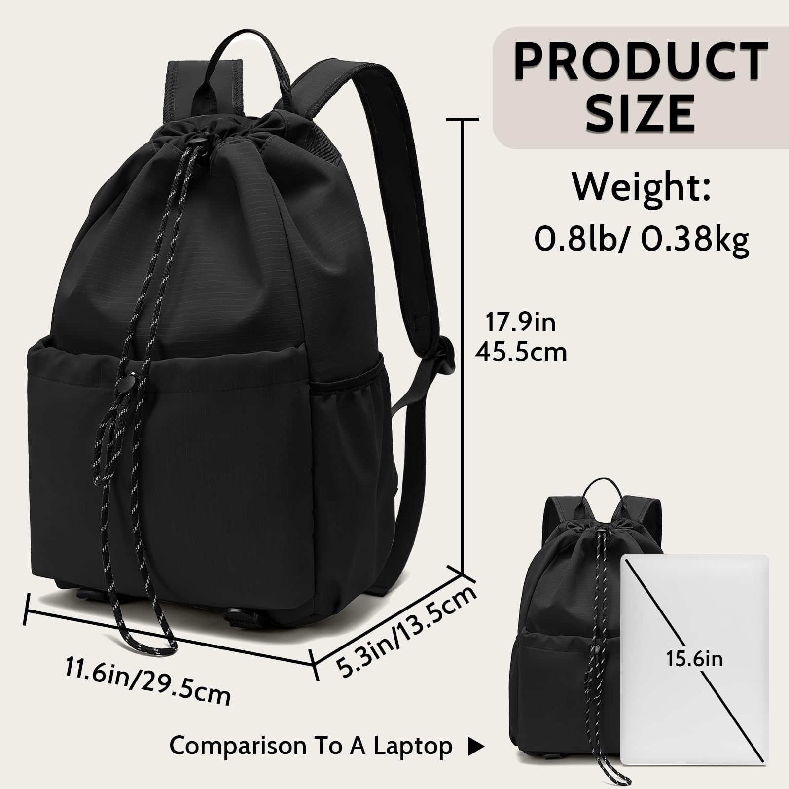 20L Water-Resistant Drawstring Backpack for Men & Women - Gym, Sports, Hiking, Beach, Swim & Outdoor Activities | Casual Carry-All String Bag for Workouts, Basketball & Travel | Black
