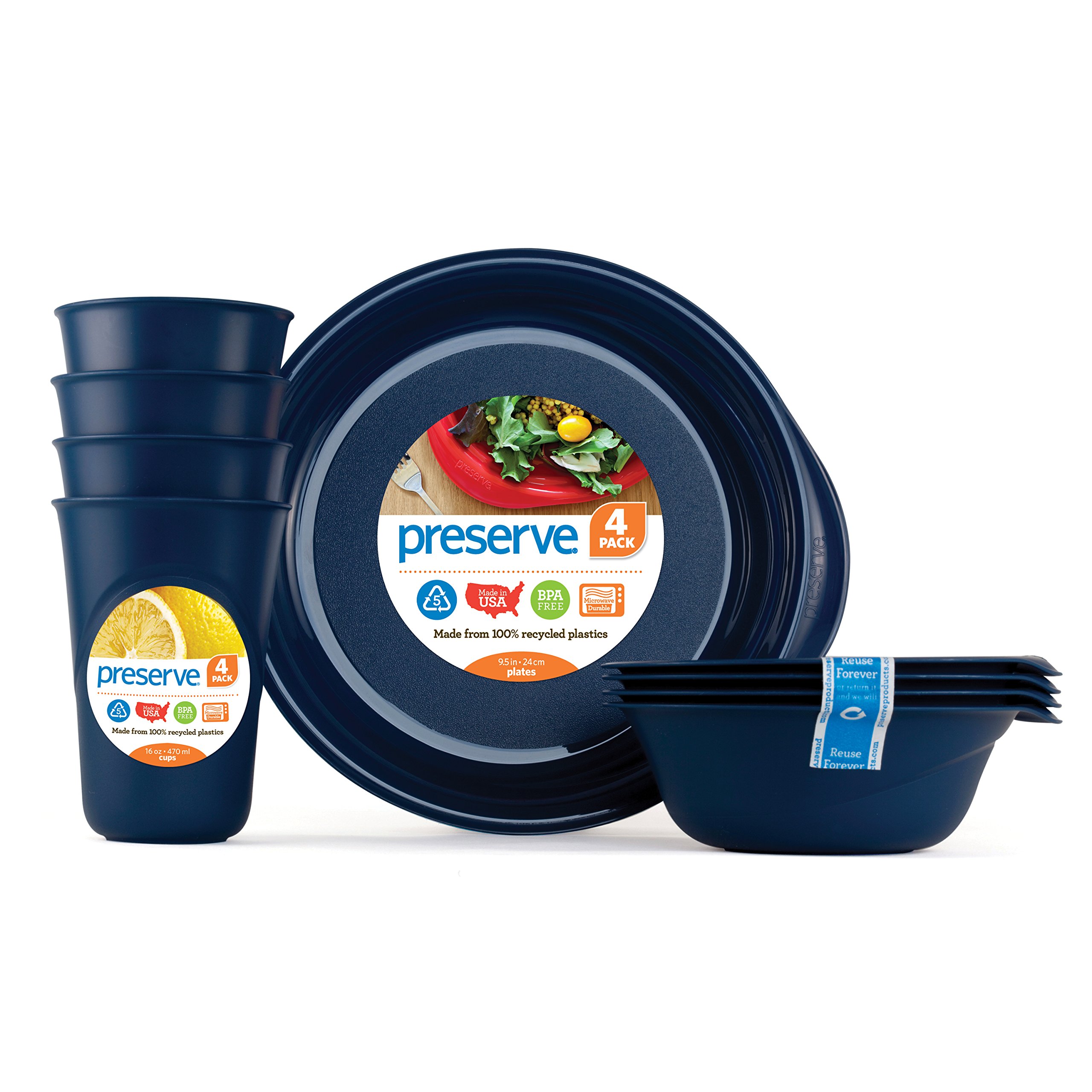 Eco-Friendly BPA-Free Reusable Dinnerware Set - 4 Plates, 4 Bowls & 4 Cups Made from Recycled Plastic | Midnight Blue | Perfect for Everyday Use, Picnics & Sustainable Living