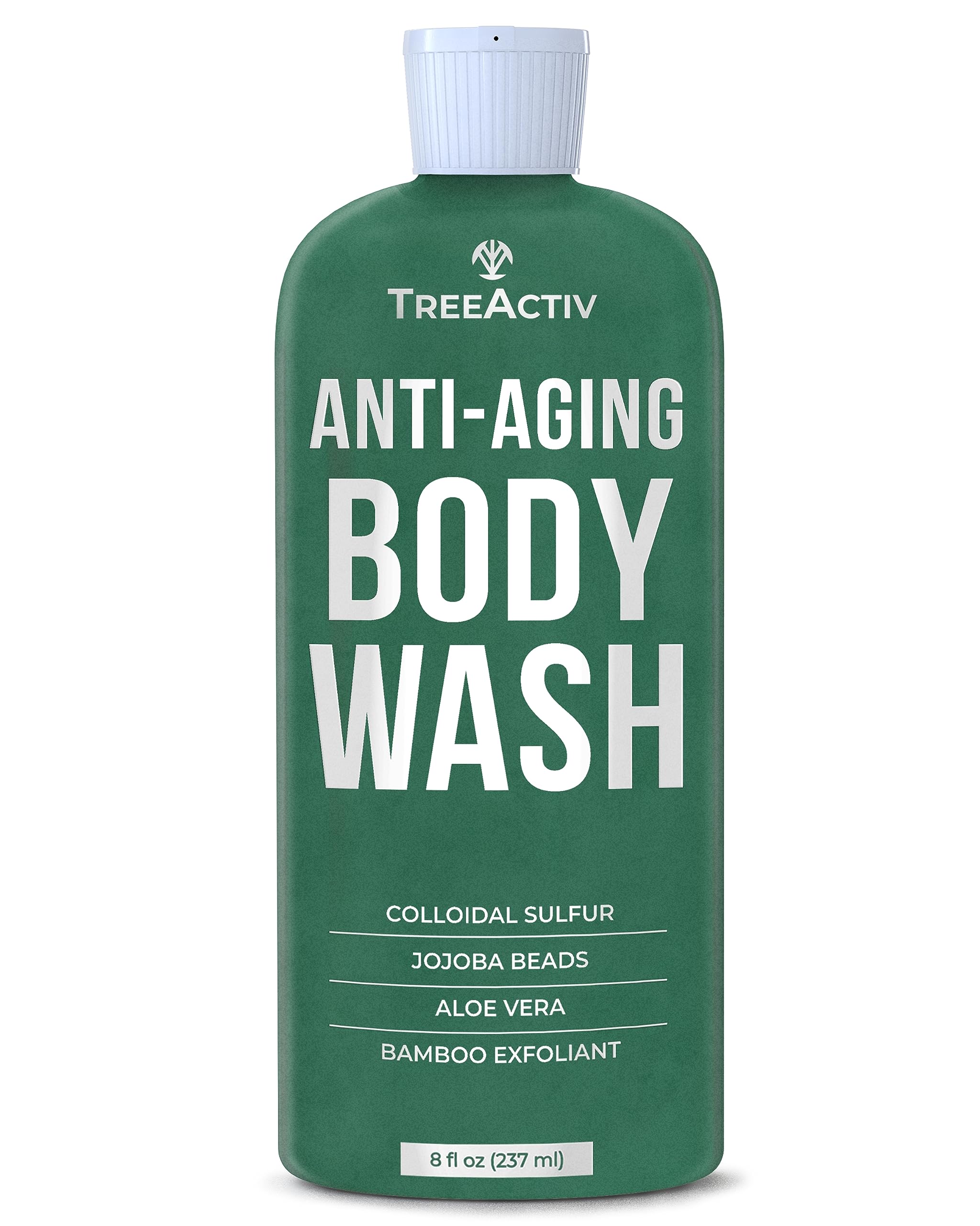 TreeActiv Anti-Aging Exfoliating Body Wash with Jojoba Beads, Sulfur & Aloe Vera - 8oz All Natural Shower Gel for Women & Men - Gentle Exfoliation for All Skin Types - Perfect for Daily Skincare Routine & Spa-Like Experience at Home