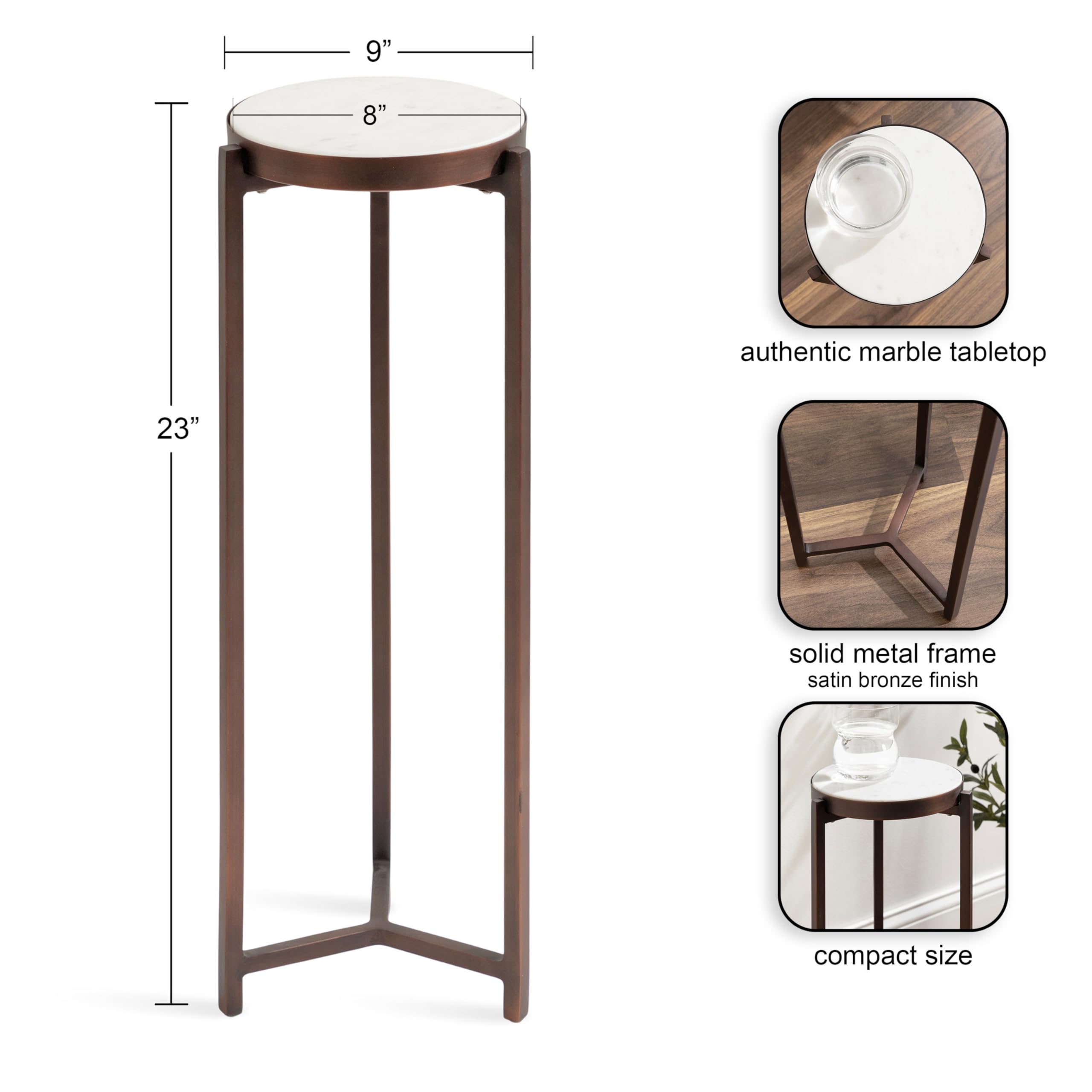 Kate and Laurel Aguilar Modern Round Side Table - 9 x 9 x 23 Inches, White & Bronze Finish with Genuine Marble Top - Perfect as Drink Table, Plant Stand or Nightstand for Small Spaces, Living Room, Bedroom & Balcony Decor