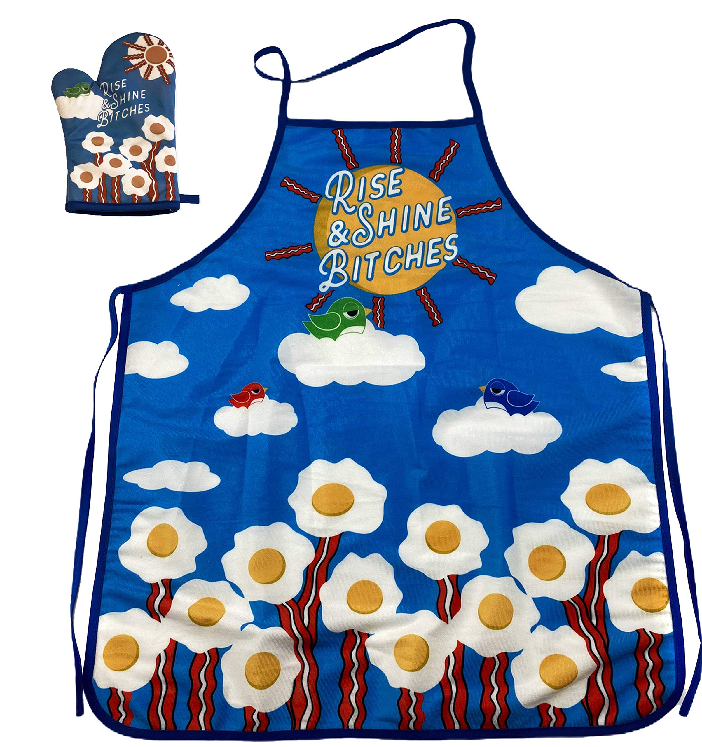 Funny Bacon and Eggs Graphic Kitchen Apron - Rise And Shine Bitches Design for Cooking & Breakfast Lovers - Perfect for Home Chefs, Brunch Parties, and Coffee Shops