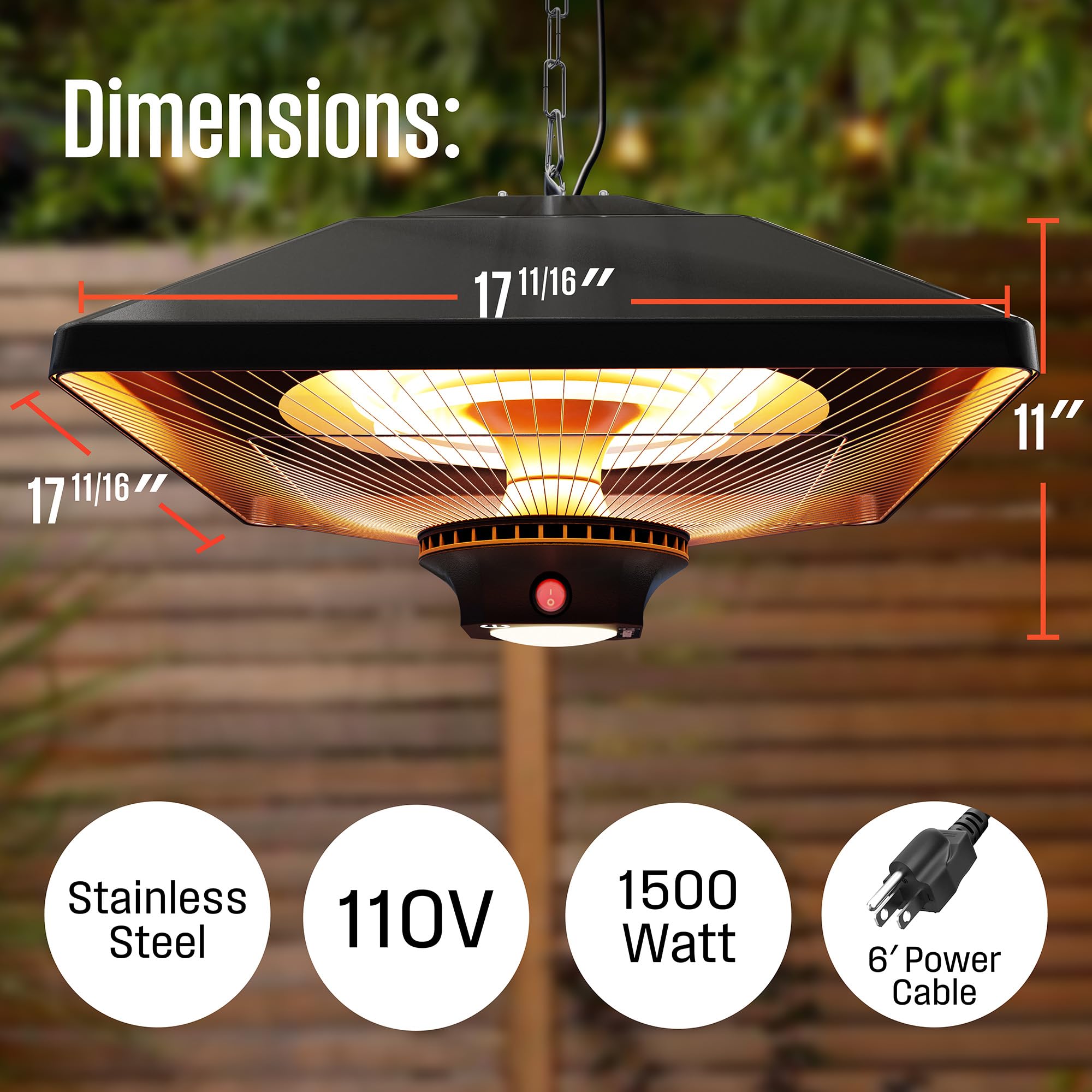 Westinghouse Outdoor Ceiling Patio Heater - 1500W Adjustable Infrared Heater with Water Resistant Design & Auto Shut-Off Overheat Protection - Perfect for Patio Covers, Gazebos, Pergolas, Backyards & Outdoor Dining Areas