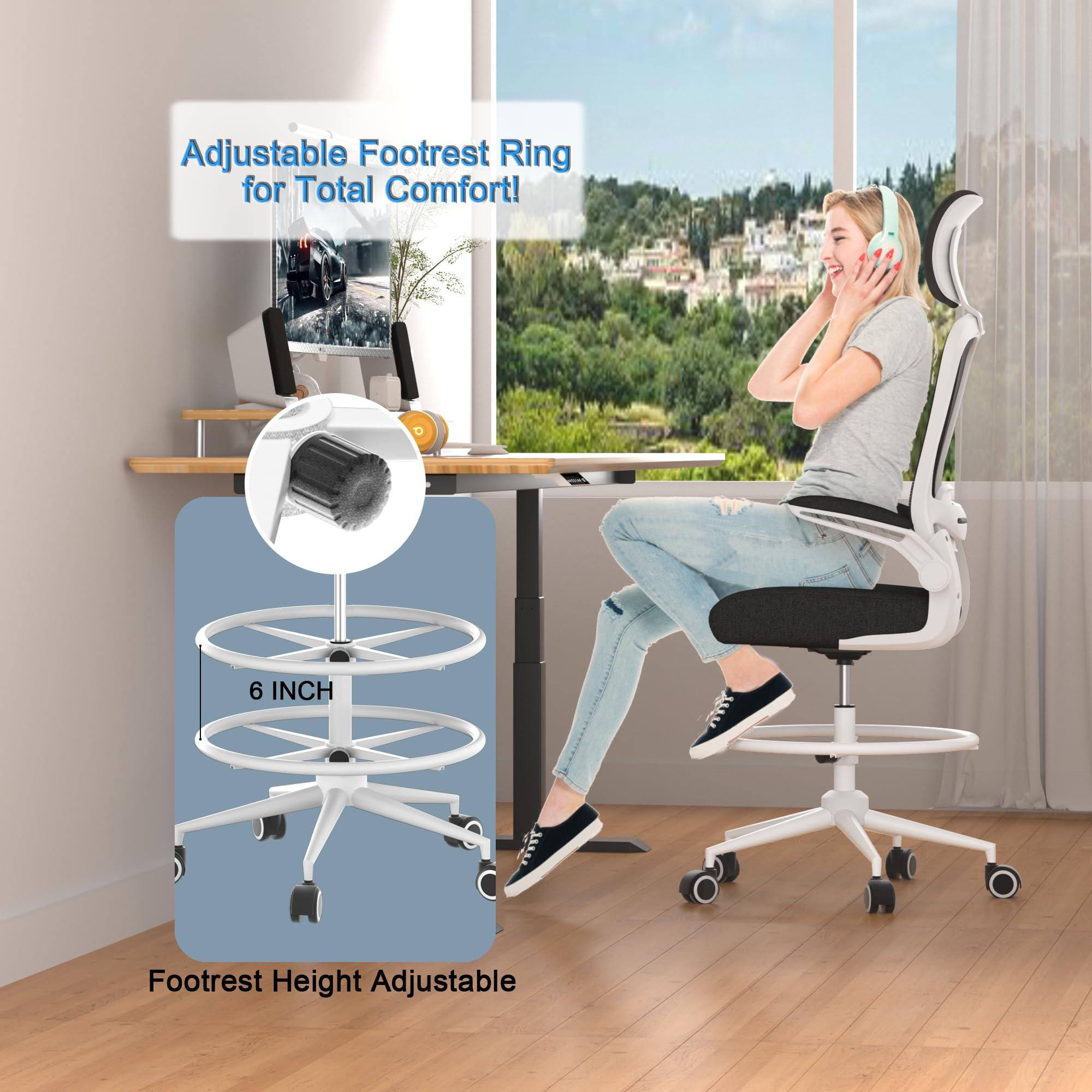 Mimoglad Adjustable Drafting Chair with Lumbar Support - Ergonomic Mesh Office Chair for Standing Desk, Drawing & Computer Work - Perfect for Architects, Designers & Home Office Use