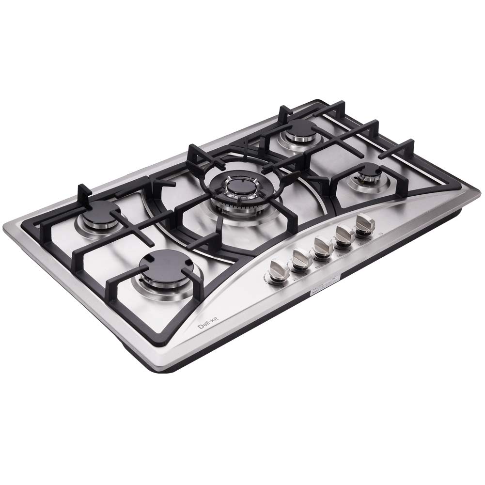 34 Inch 5-Burner Dual Fuel Sealed Drop-In Gas Cooktop - Stainless Steel Gas Hob DK258-A07 for Professional Kitchen & Home Cooking