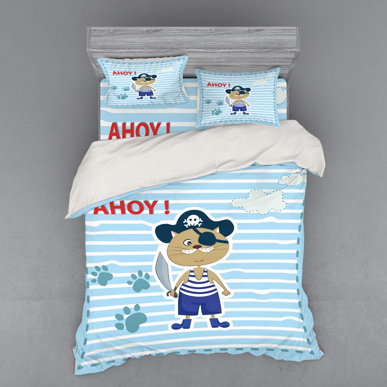 Ambesonne Ahoy It's a Boy 4-Piece Queen Size Bedding Set - Pirate Cat with Funny Paws & Clouds Maritime Striped Design, Duvet Cover + Shams + Fitted Sheet in Turquoise Violet Blue Red - Perfect for Nursery, Kids Room & Themed Birthday Decor