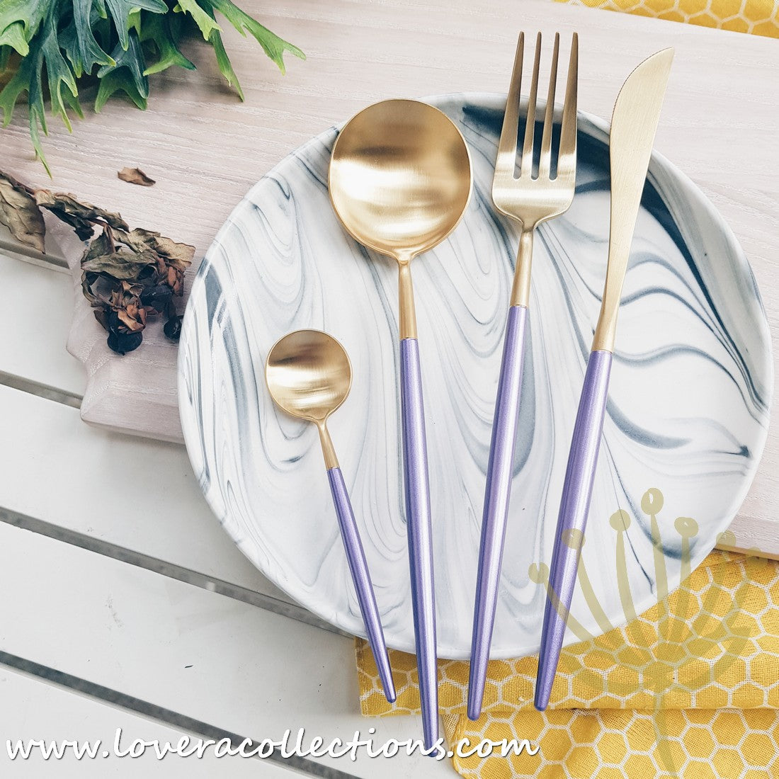 Premium 18/10 Stainless Steel Cutlery Set - Gold & Purple Luxury Flatware for 6 - Dishwasher Safe SS304 Silverware for Wedding, Dinner Party & Home Decor